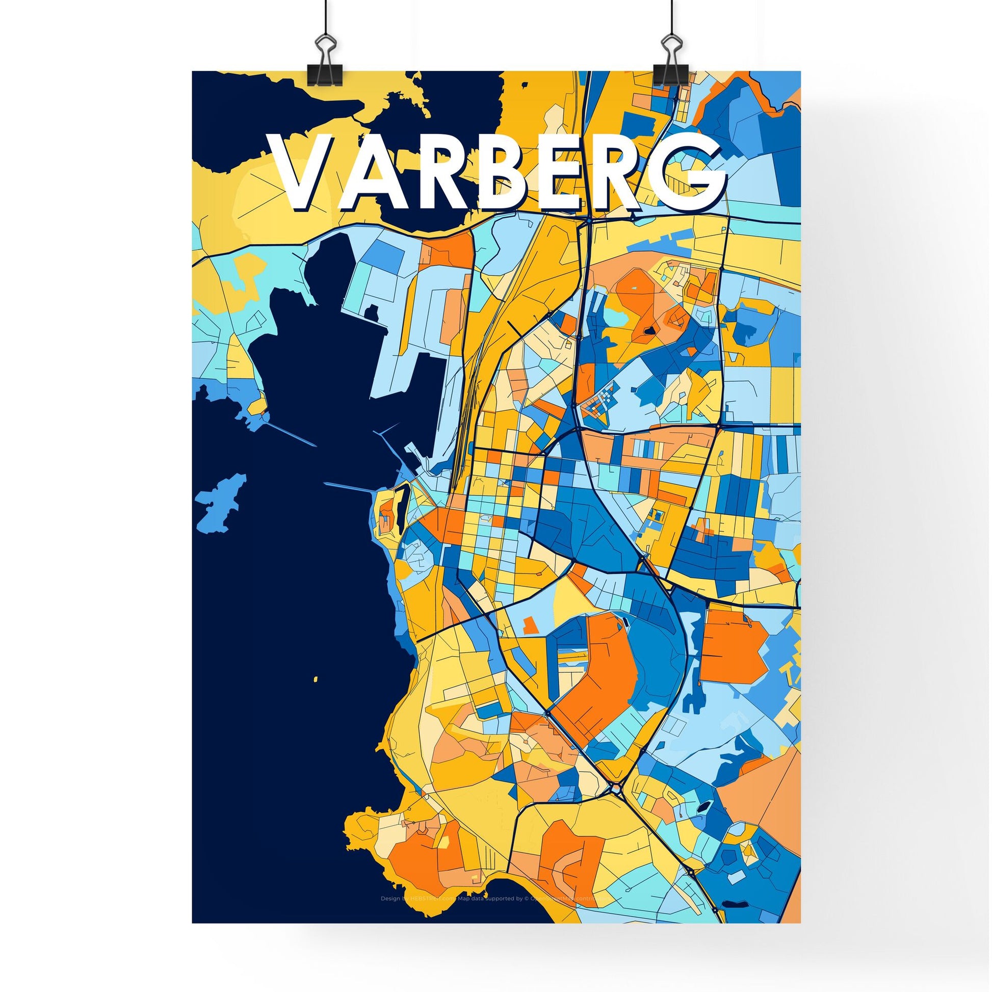 VARBERG SWEDEN Vibrant Colorful Art Map Poster Blue Orange