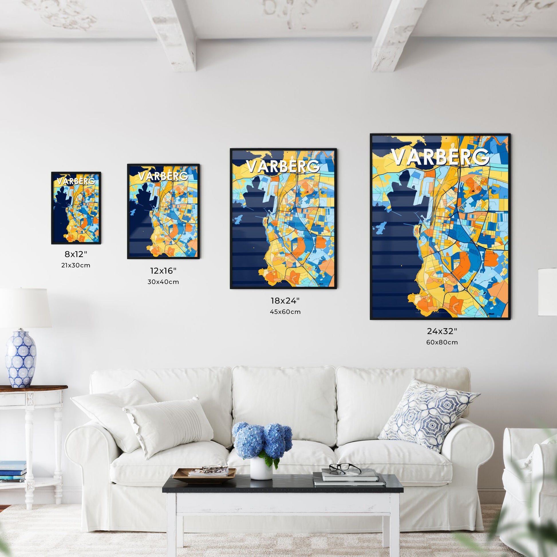 VARBERG SWEDEN Vibrant Colorful Art Map Poster Blue Orange