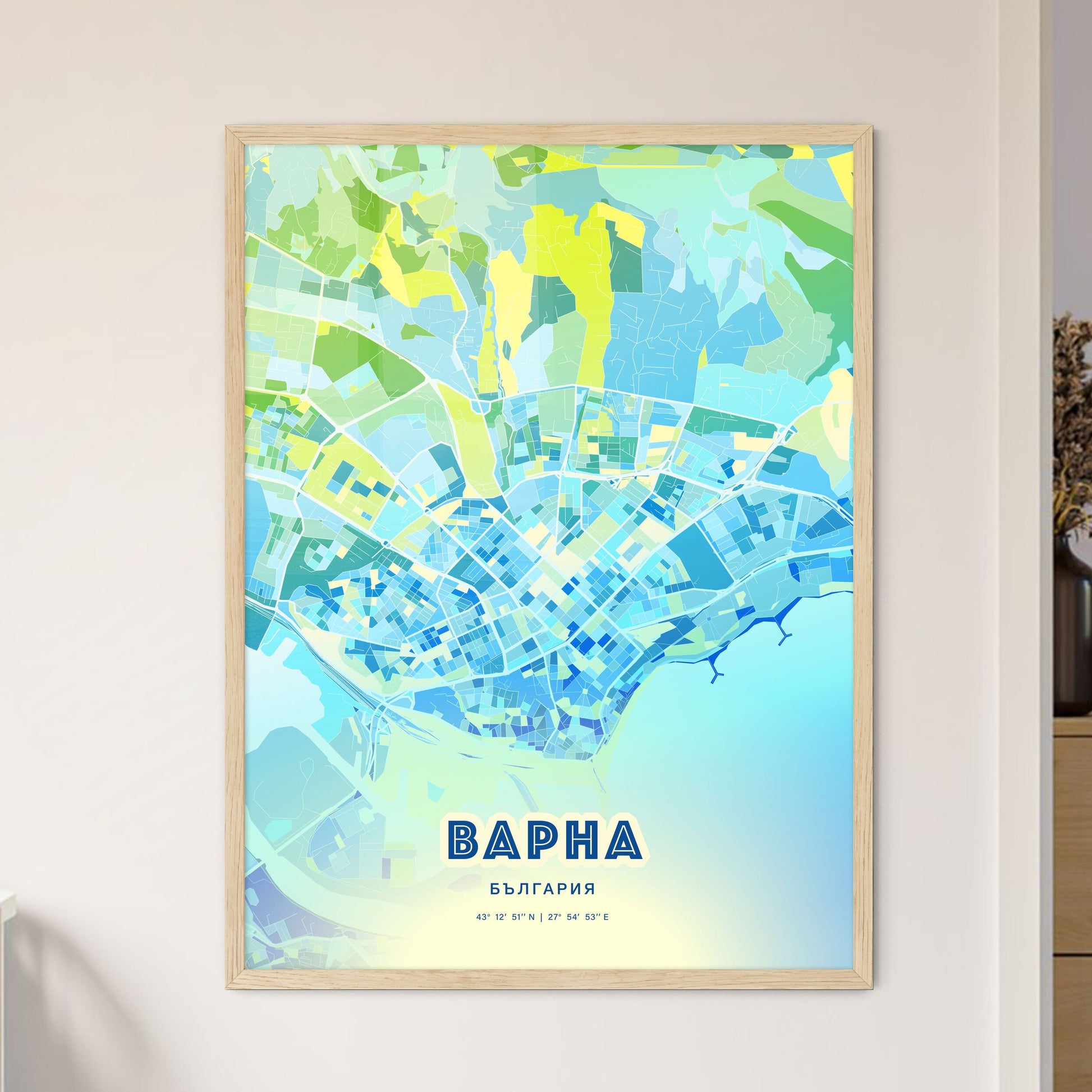 Colorful Varna Bulgaria Fine Art Map Cool Blue