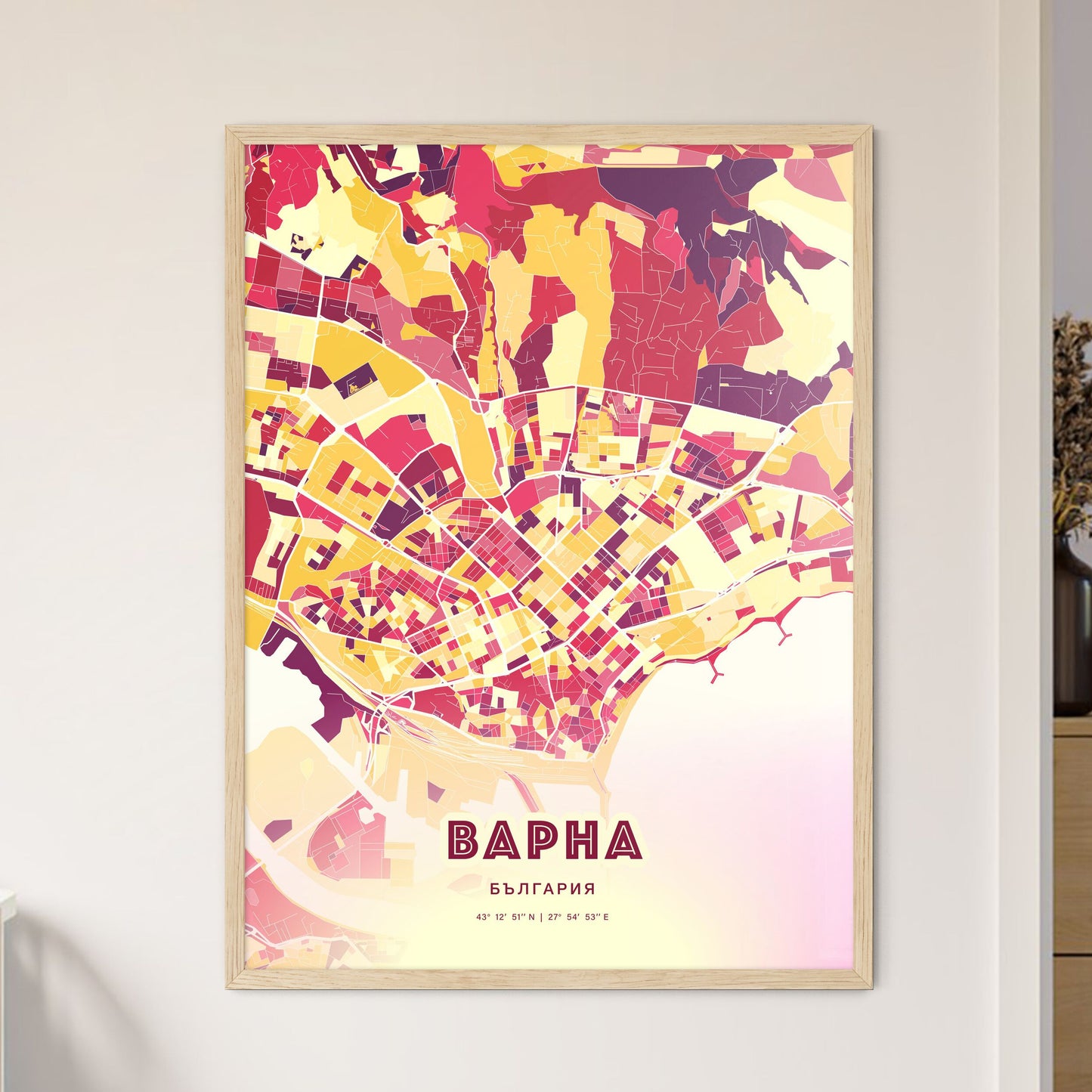 Colorful Varna Bulgaria Fine Art Map Hot Red