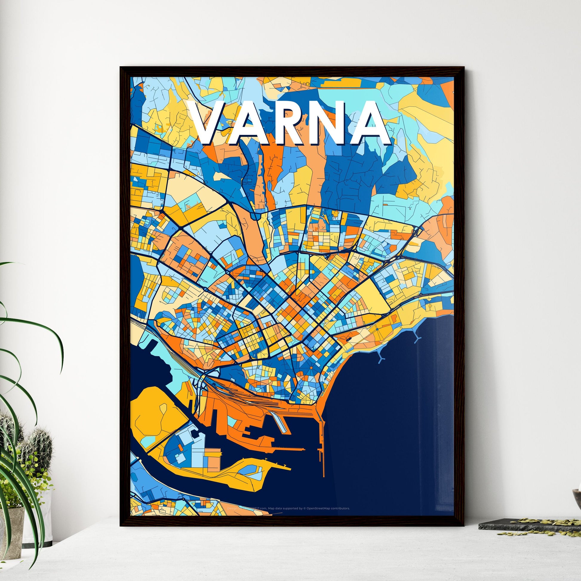 VARNA BULGARIA Vibrant Colorful Art Map Poster Blue Orange