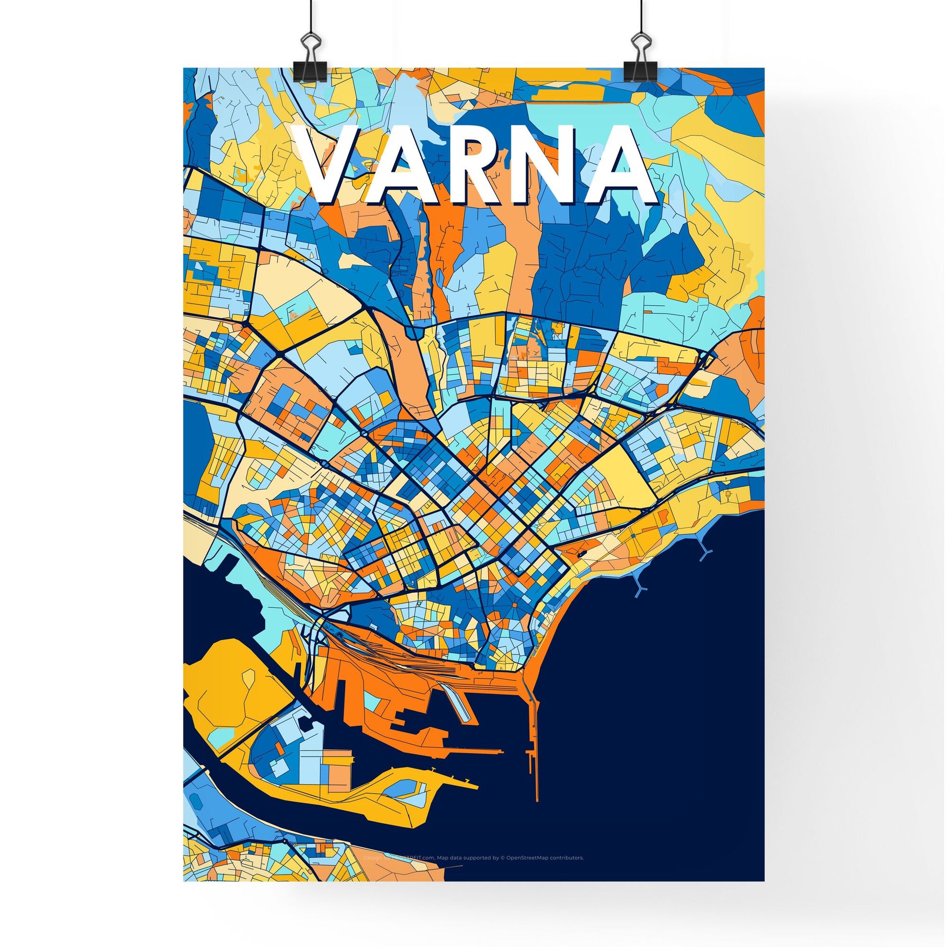 VARNA BULGARIA Vibrant Colorful Art Map Poster Blue Orange