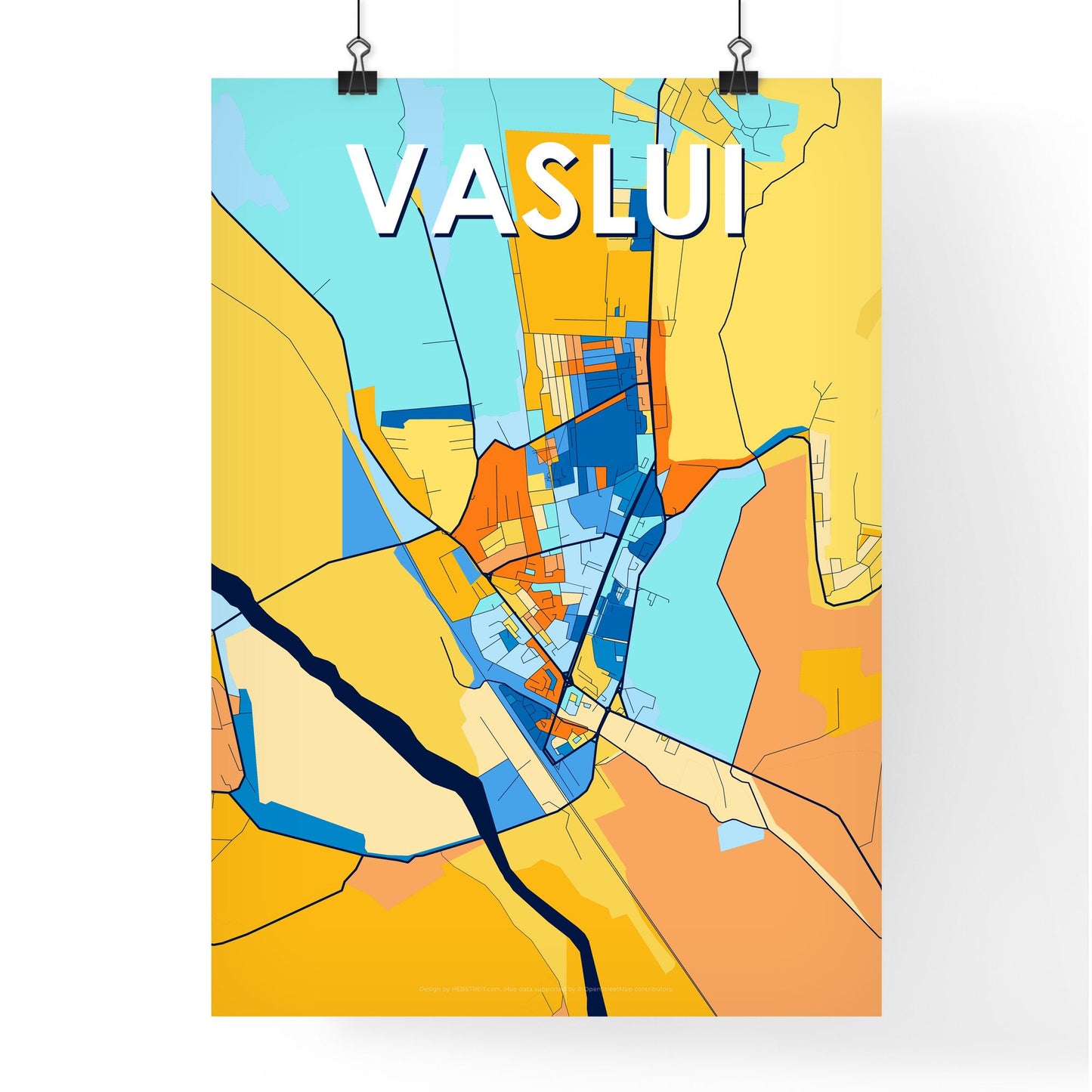 VASLUI ROMANIA Vibrant Colorful Art Map Poster Blue Orange