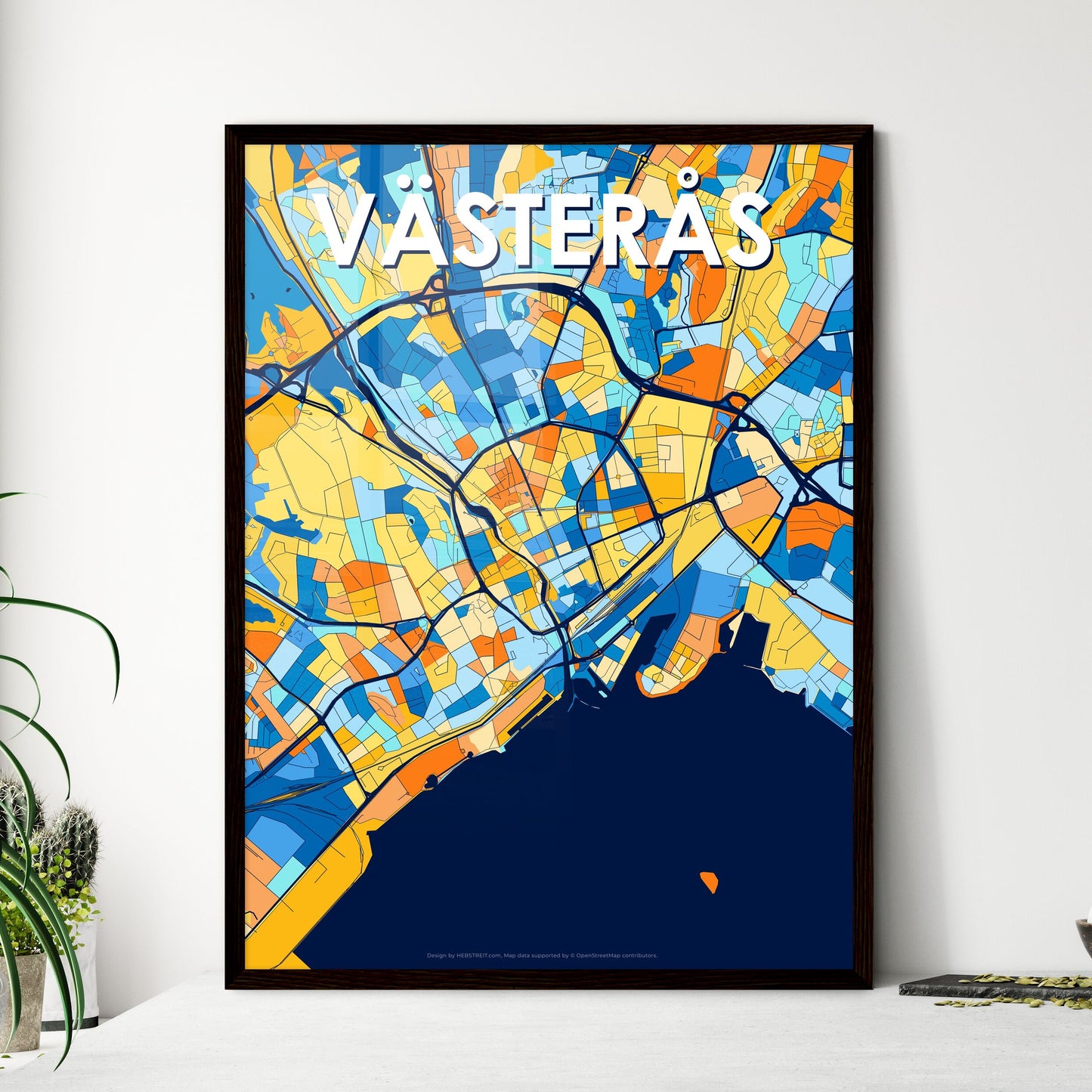 VÄSTERÅS SWEDEN Vibrant Colorful Art Map Poster Blue Orange