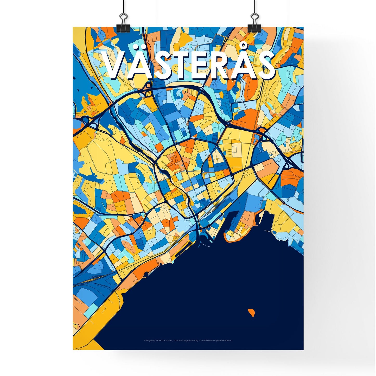 VÄSTERÅS SWEDEN Vibrant Colorful Art Map Poster Blue Orange