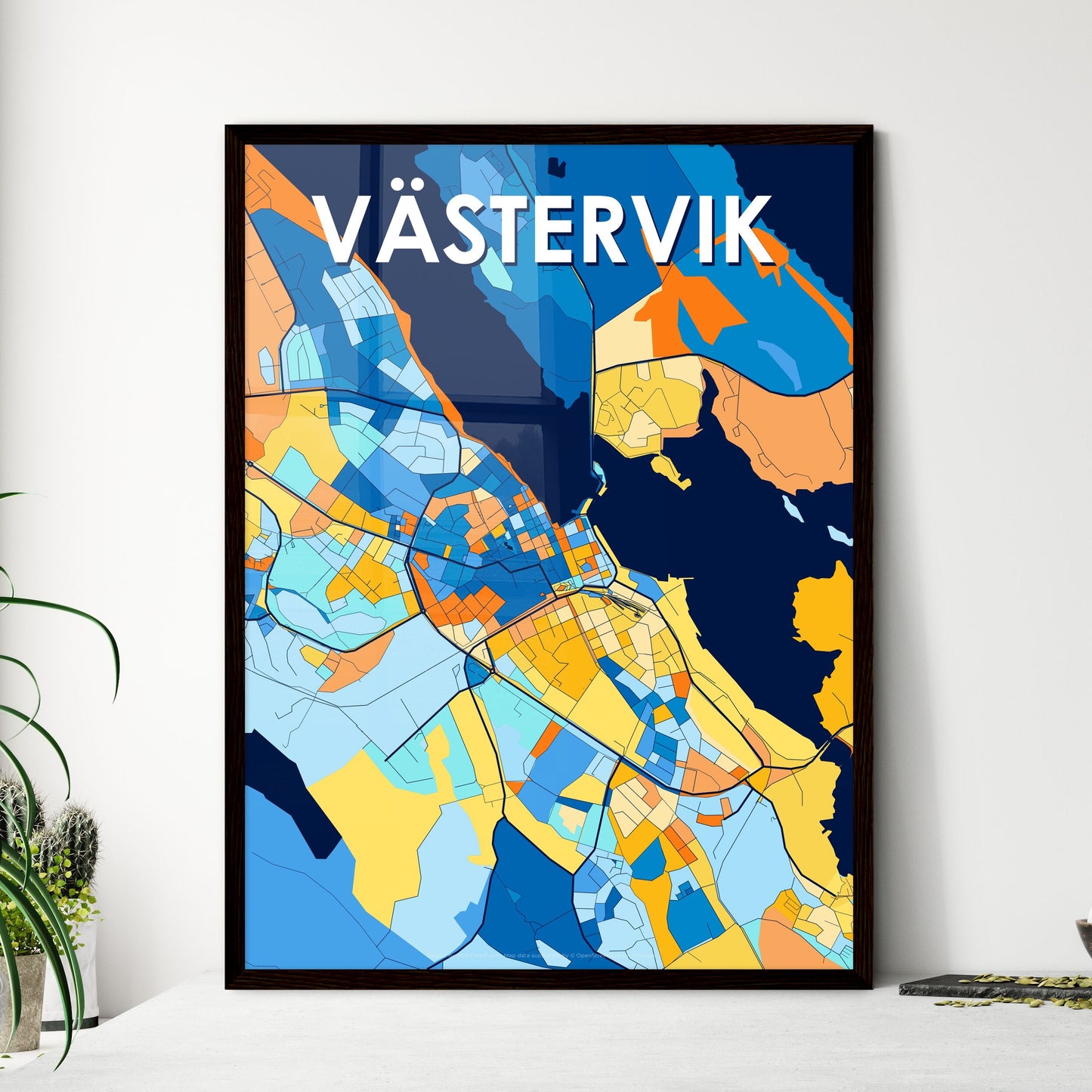 VÄSTERVIK SWEDEN Vibrant Colorful Art Map Poster Blue Orange