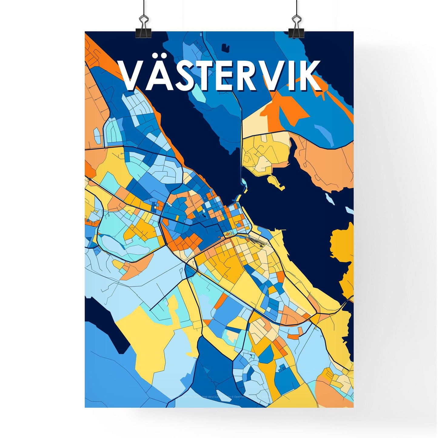 VÄSTERVIK SWEDEN Vibrant Colorful Art Map Poster Blue Orange