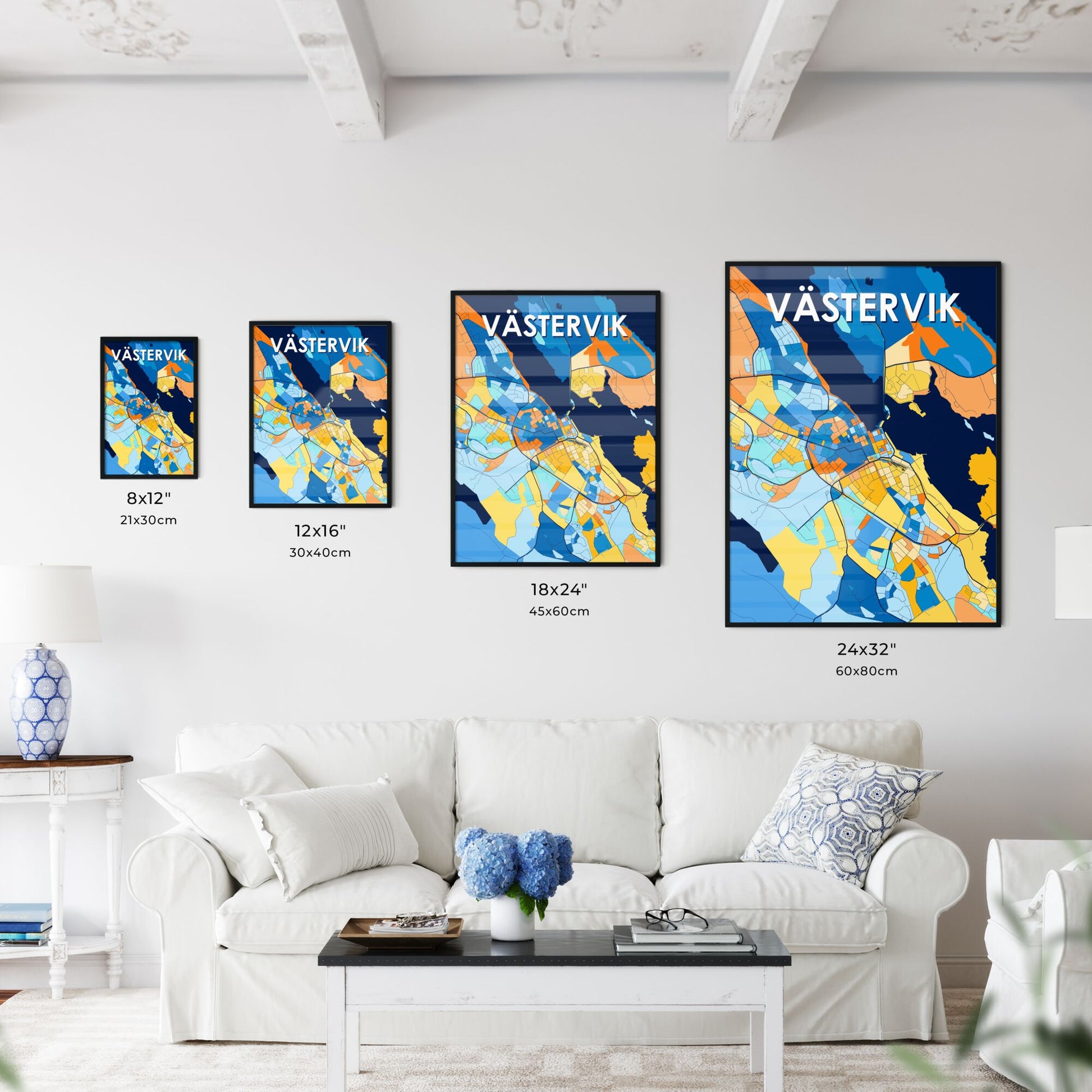 VÄSTERVIK SWEDEN Vibrant Colorful Art Map Poster Blue Orange