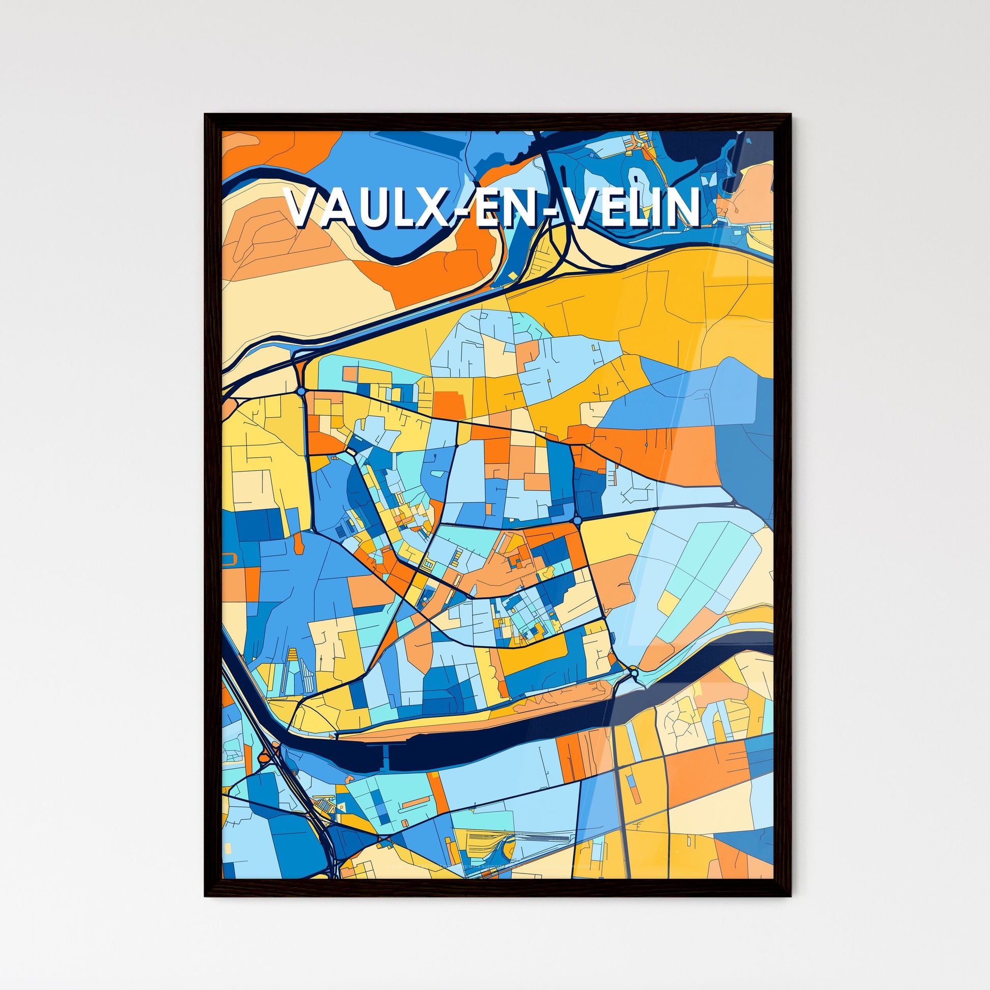 VAULX-EN-VELIN FRANCE Vibrant Colorful Art Map Poster Blue Orange