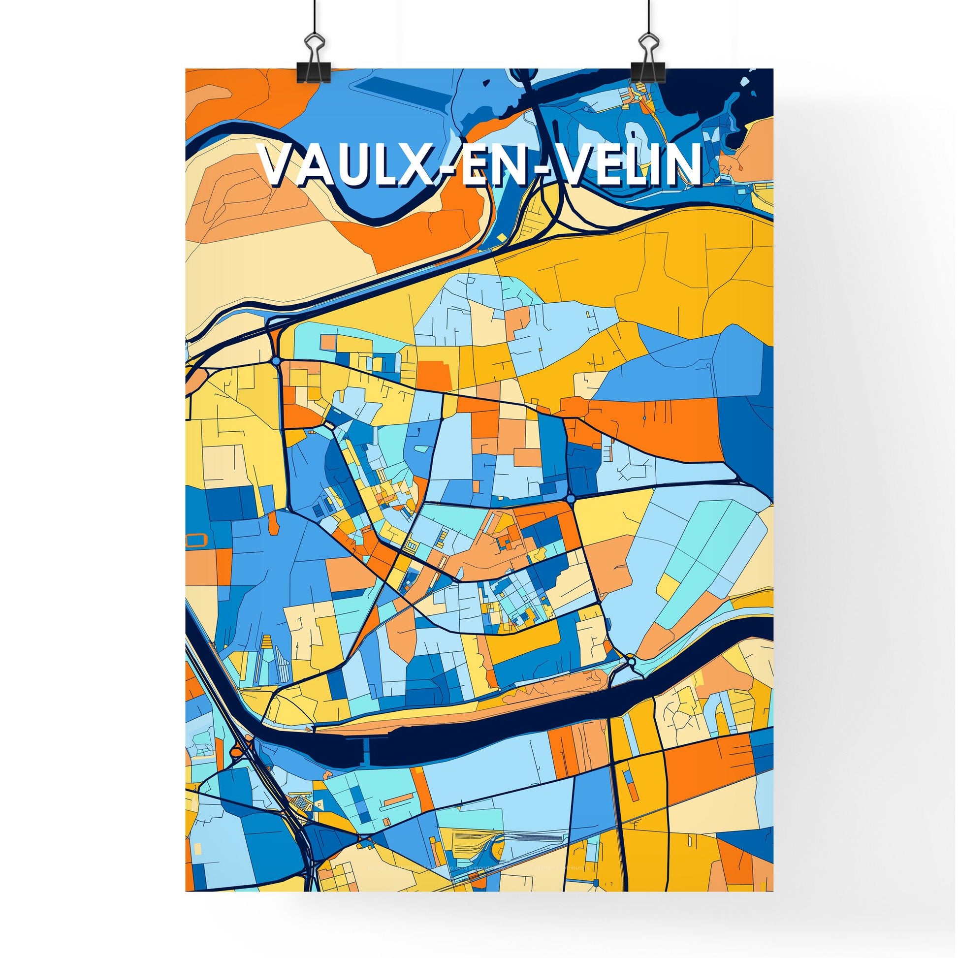 VAULX-EN-VELIN FRANCE Vibrant Colorful Art Map Poster Blue Orange