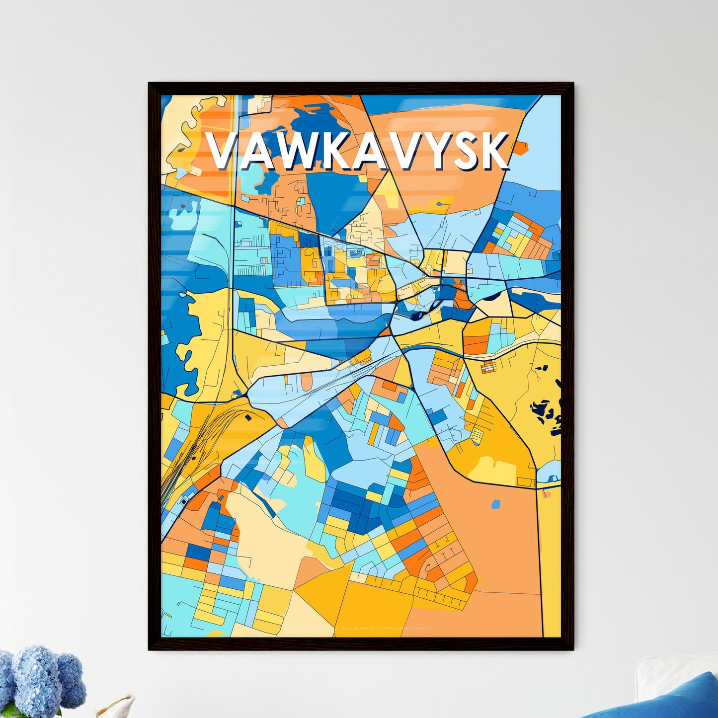 VAWKAVYSK BELARUS Vibrant Colorful Art Map Poster Blue Orange