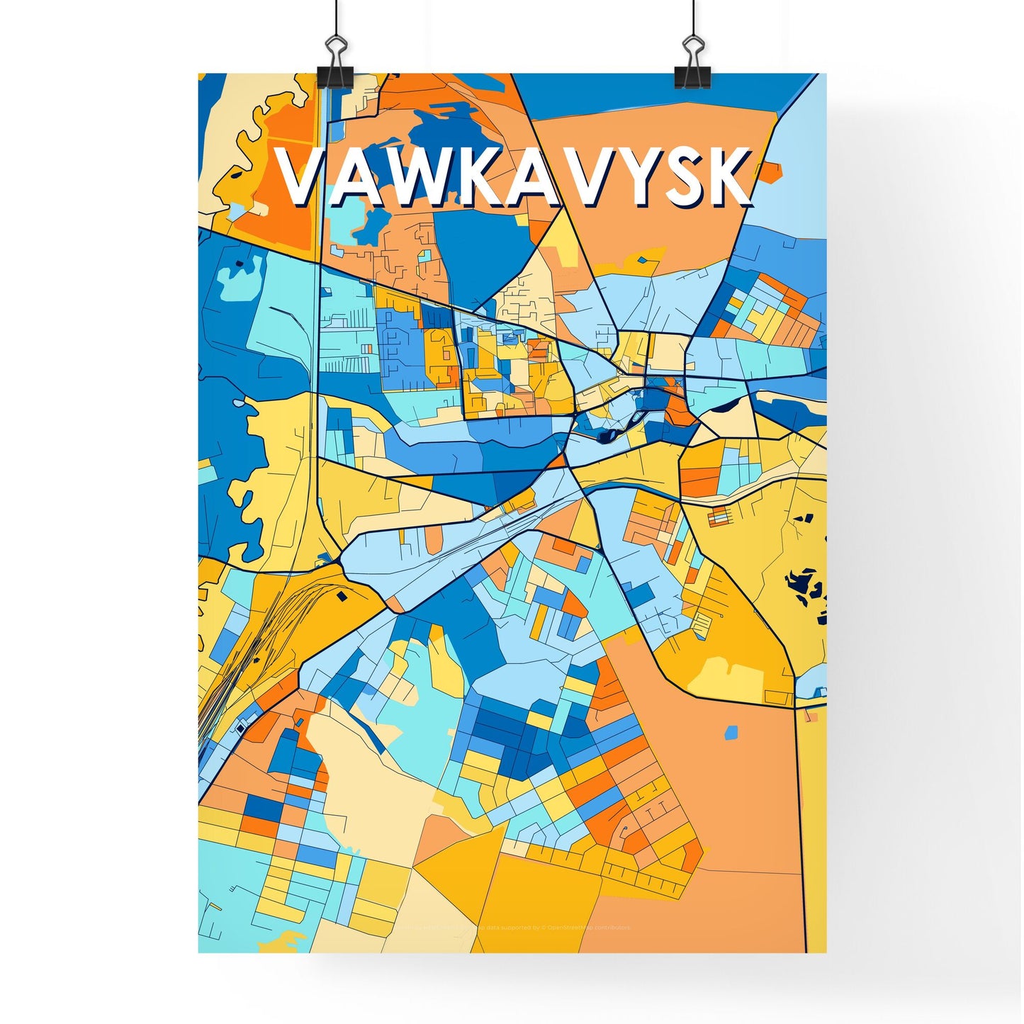 VAWKAVYSK BELARUS Vibrant Colorful Art Map Poster Blue Orange