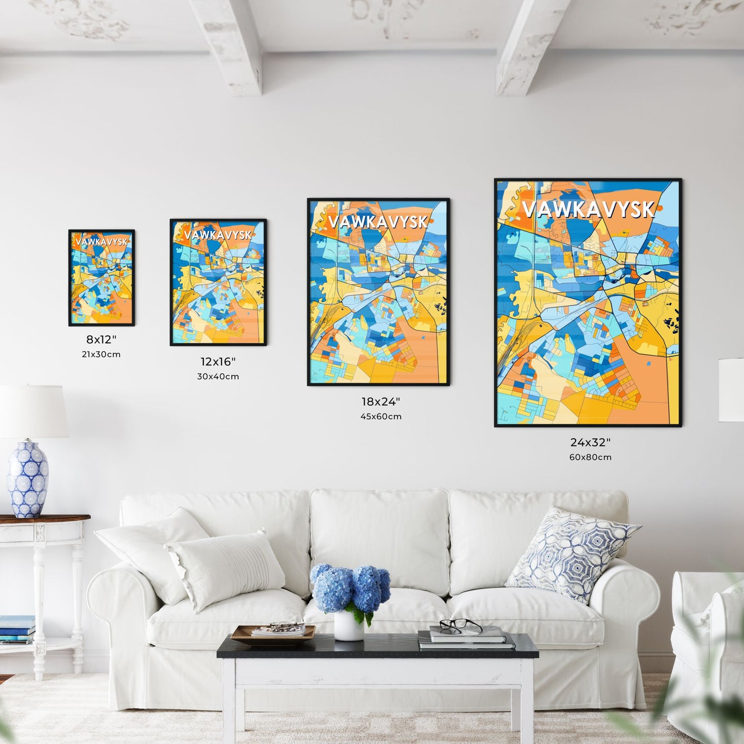 VAWKAVYSK BELARUS Vibrant Colorful Art Map Poster Blue Orange