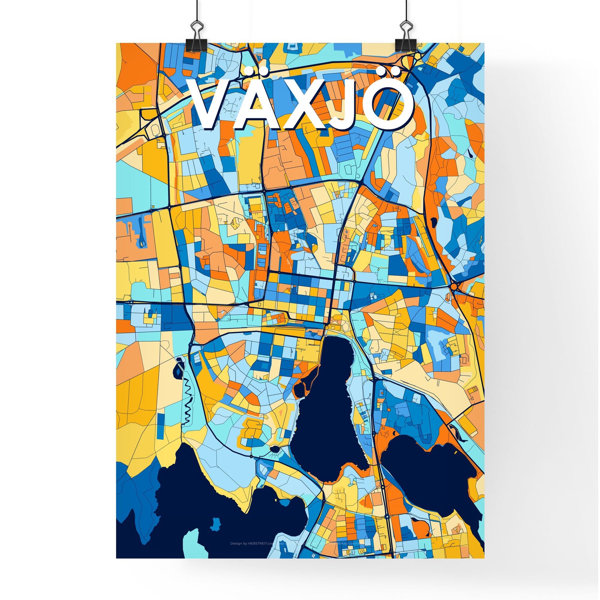 VÄXJÖ SWEDEN Vibrant Colorful Art Map Poster Blue Orange