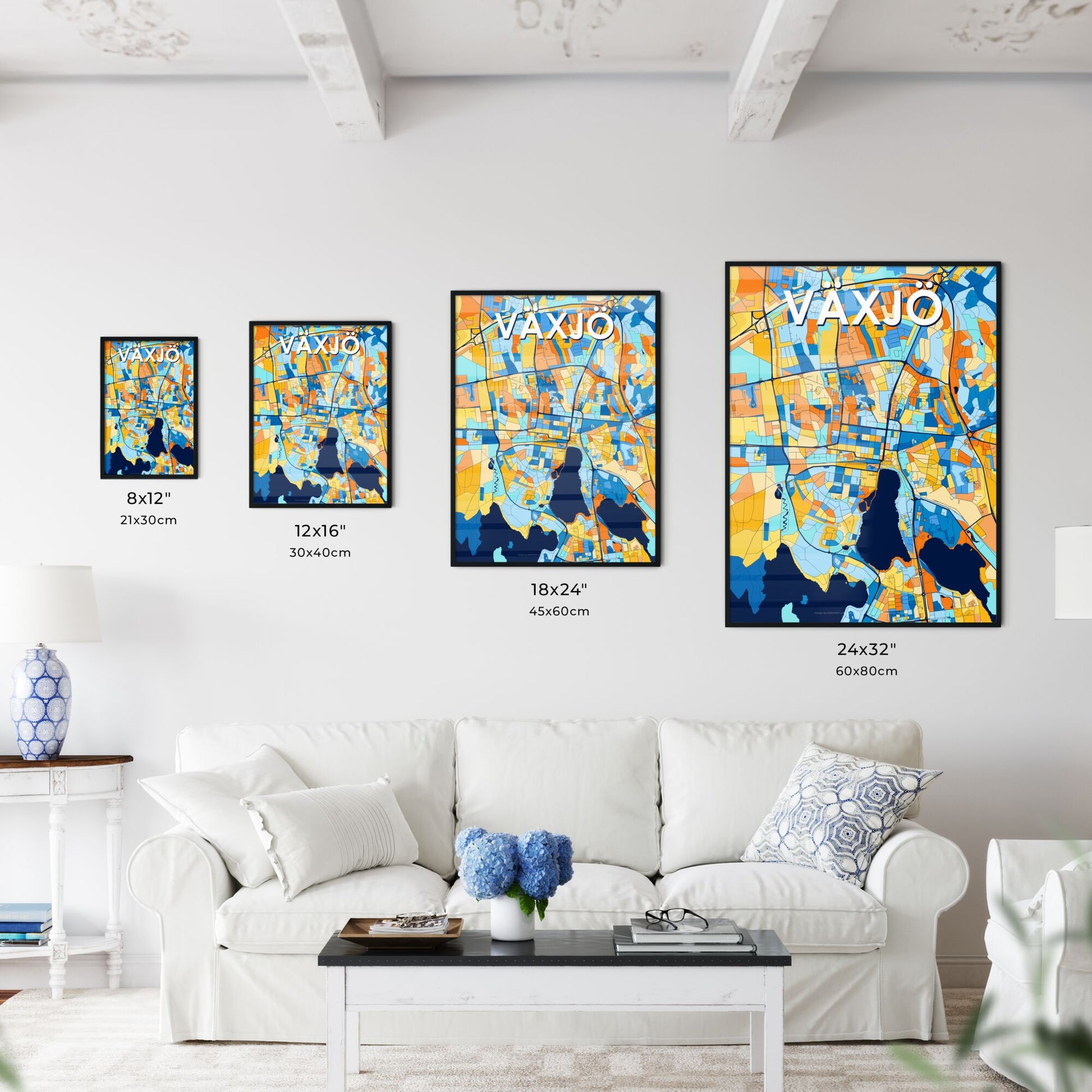 VÄXJÖ SWEDEN Vibrant Colorful Art Map Poster Blue Orange