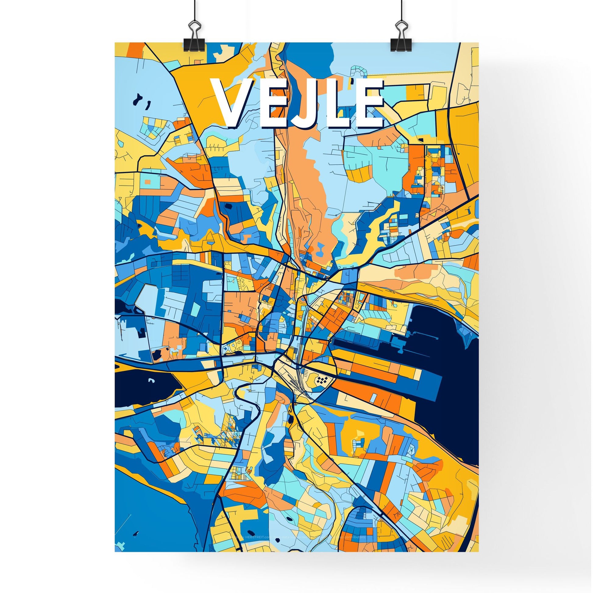 VEJLE DENMARK Vibrant Colorful Art Map Poster Blue Orange