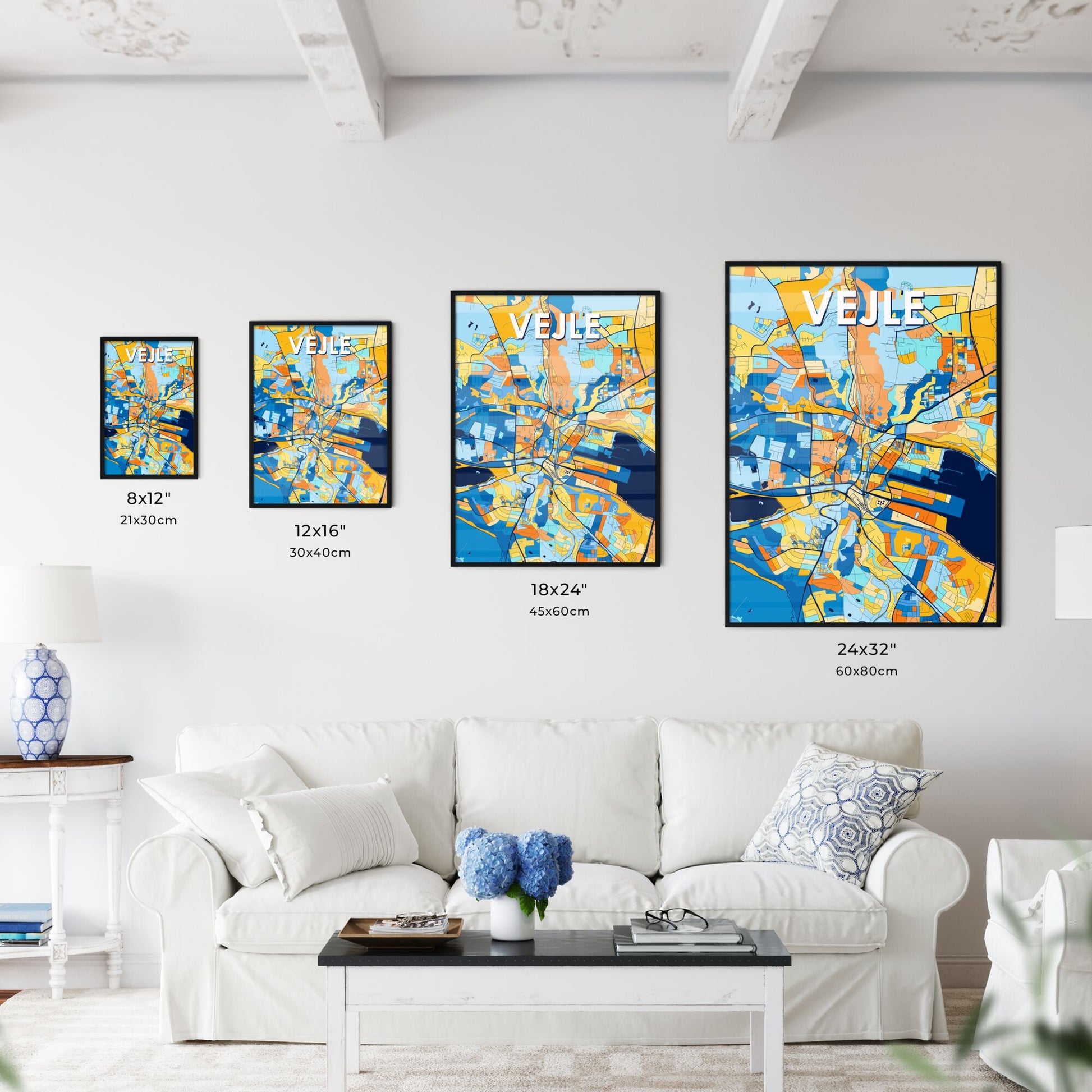 VEJLE DENMARK Vibrant Colorful Art Map Poster Blue Orange