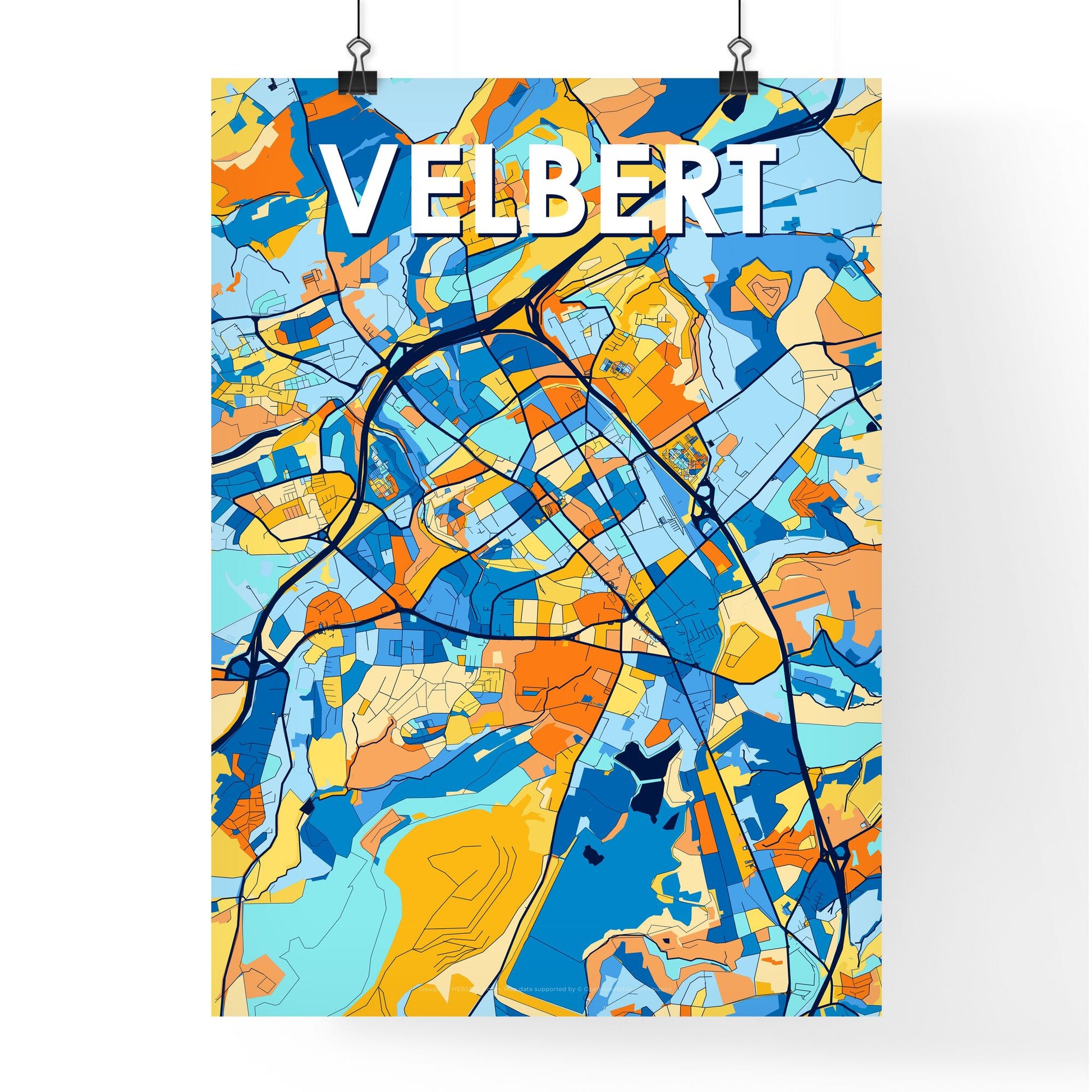 VELBERT GERMANY Vibrant Colorful Art Map Poster Blue Orange