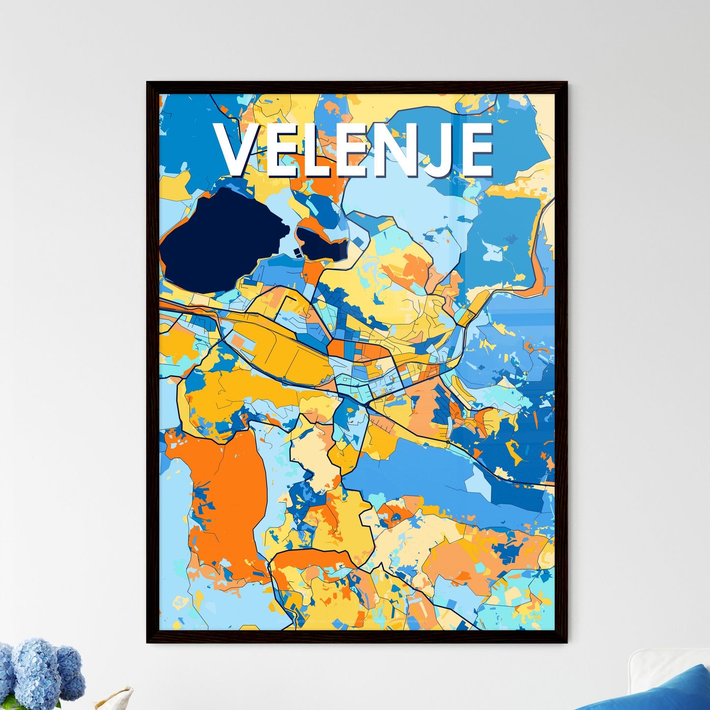 VELENJE SLOVENIA Vibrant Colorful Art Map Poster Blue Orange