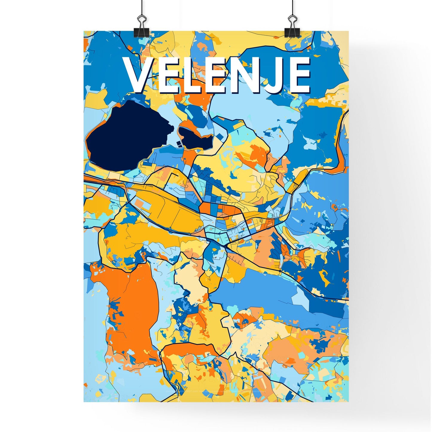 VELENJE SLOVENIA Vibrant Colorful Art Map Poster Blue Orange