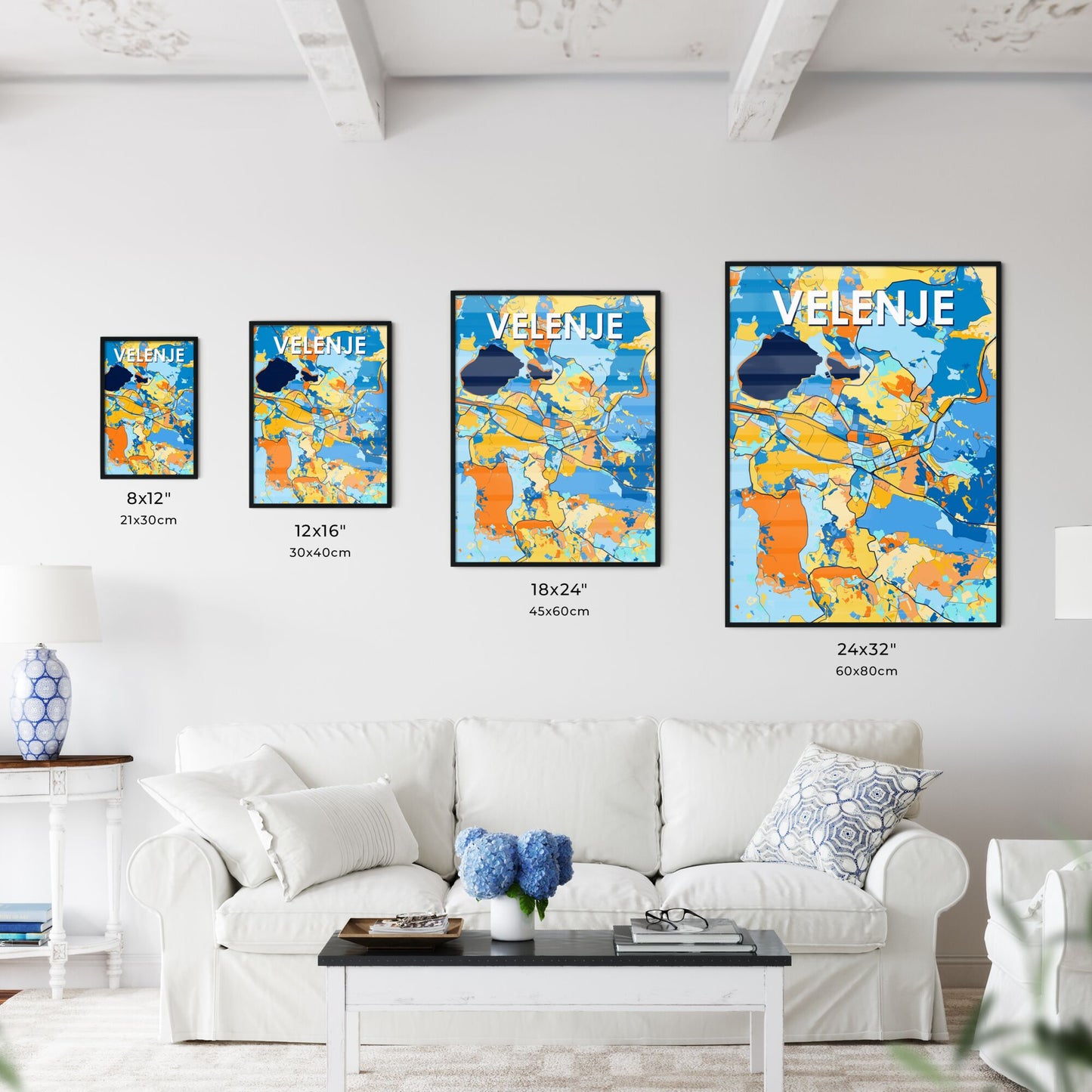 VELENJE SLOVENIA Vibrant Colorful Art Map Poster Blue Orange