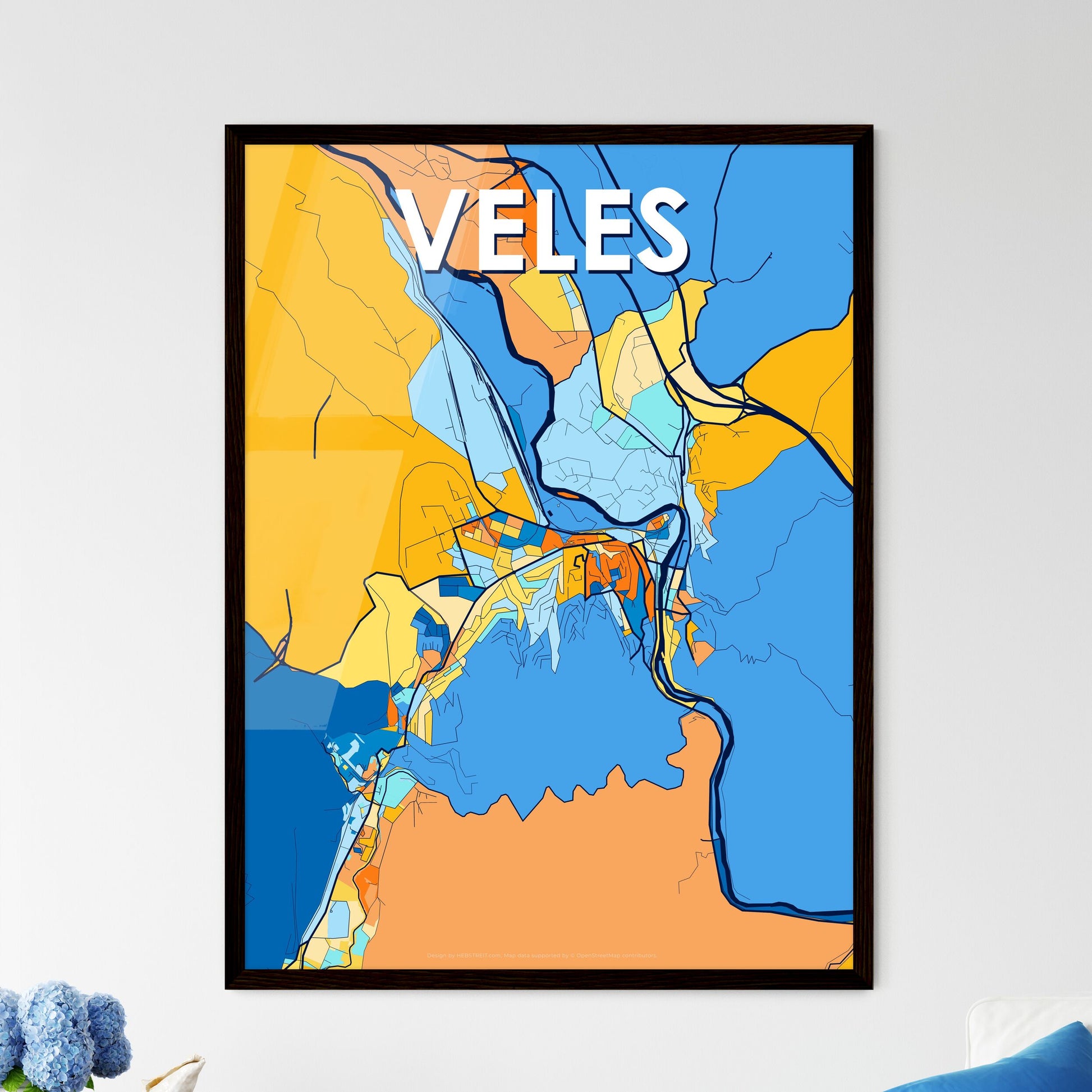 VELES NORTH MACEDONIA Vibrant Colorful Art Map Poster Blue Orange