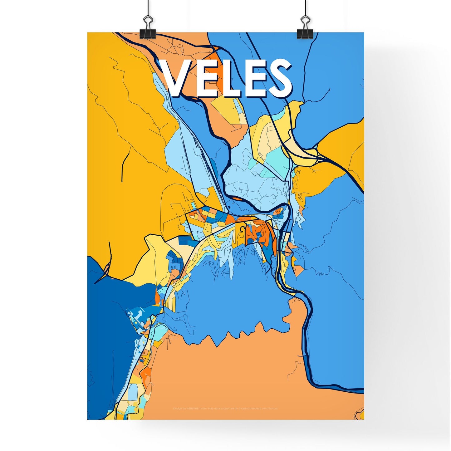 VELES NORTH MACEDONIA Vibrant Colorful Art Map Poster Blue Orange