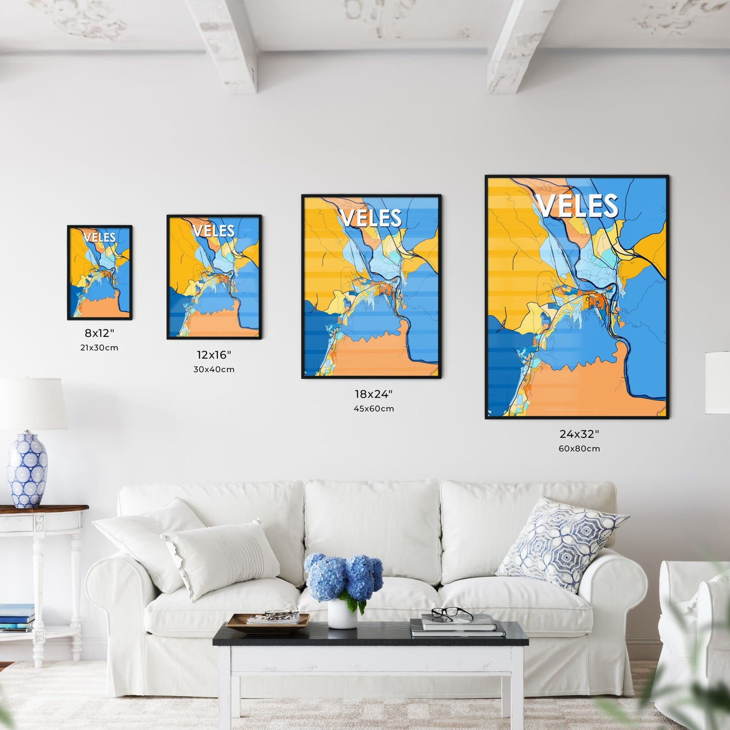 VELES NORTH MACEDONIA Vibrant Colorful Art Map Poster Blue Orange