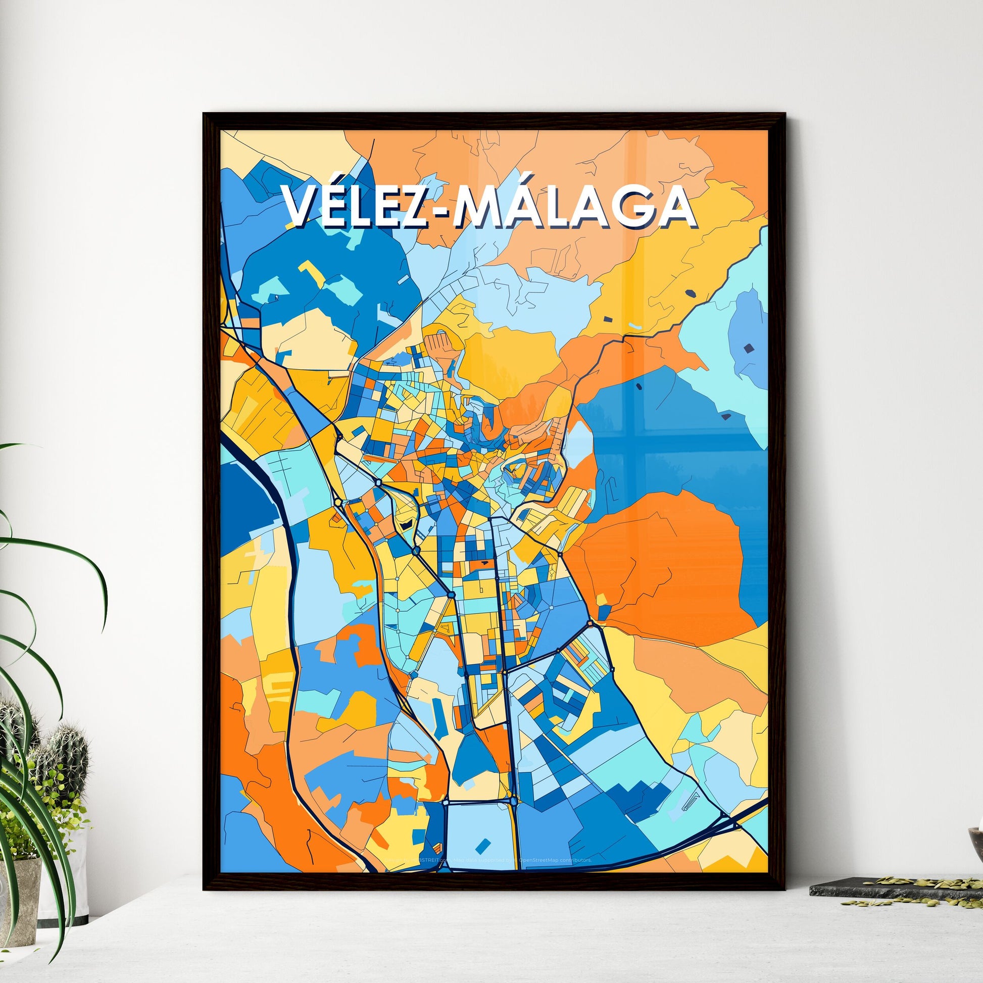 VÉLEZ-MÁLAGA SPAIN Vibrant Colorful Art Map Poster Blue Orange