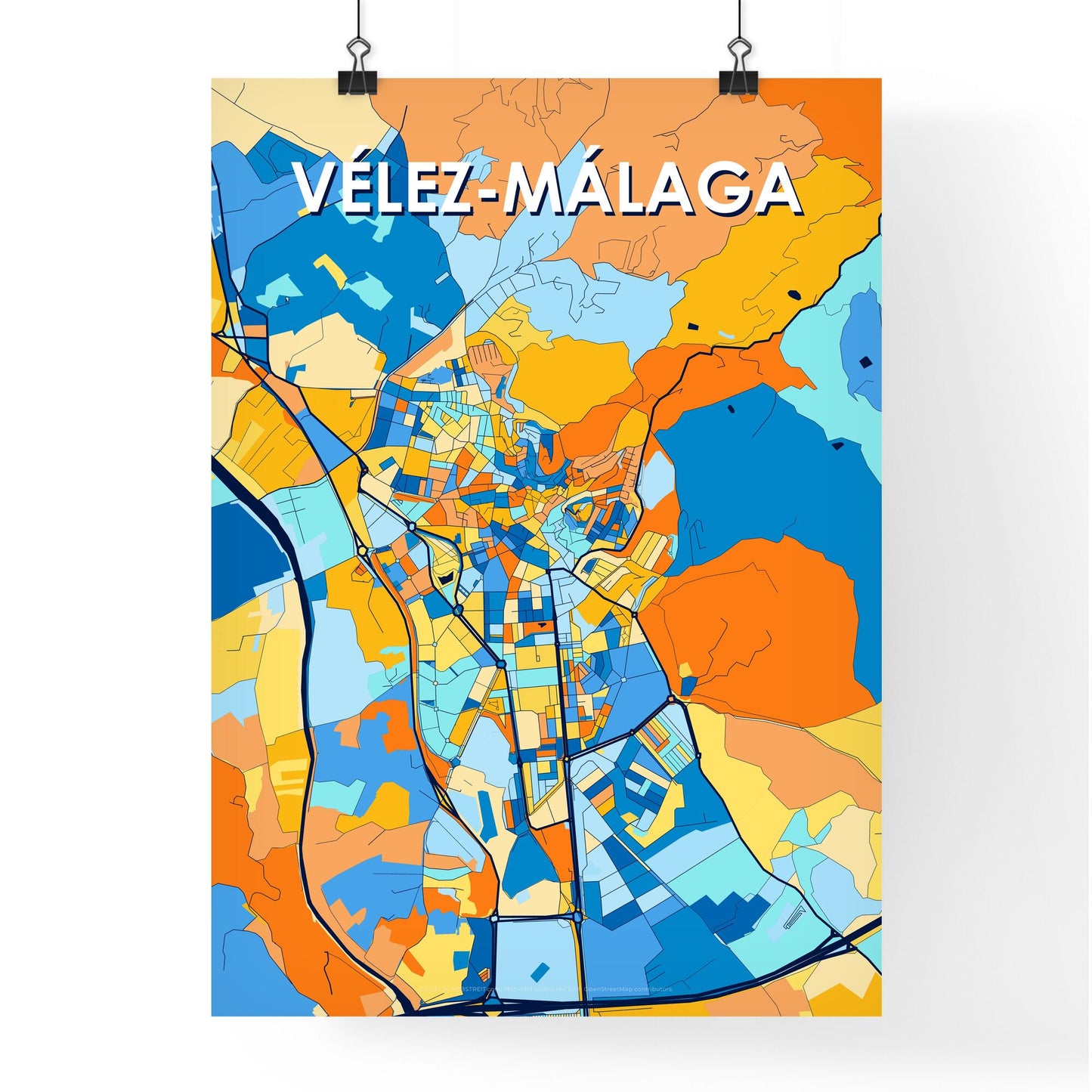 VÉLEZ-MÁLAGA SPAIN Vibrant Colorful Art Map Poster Blue Orange