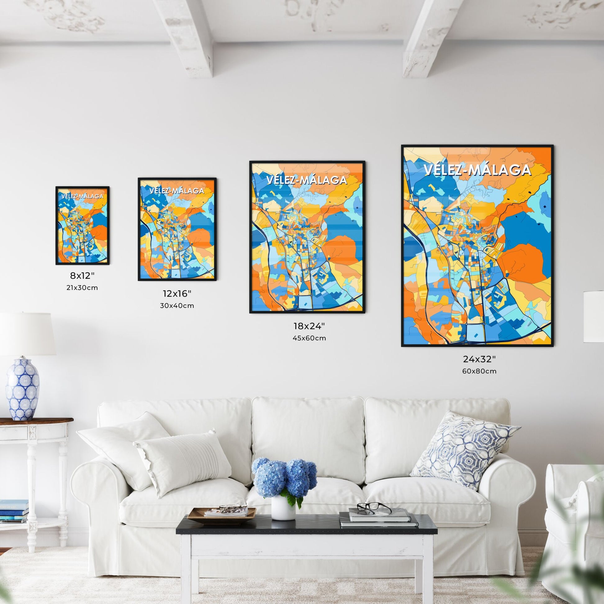 VÉLEZ-MÁLAGA SPAIN Vibrant Colorful Art Map Poster Blue Orange