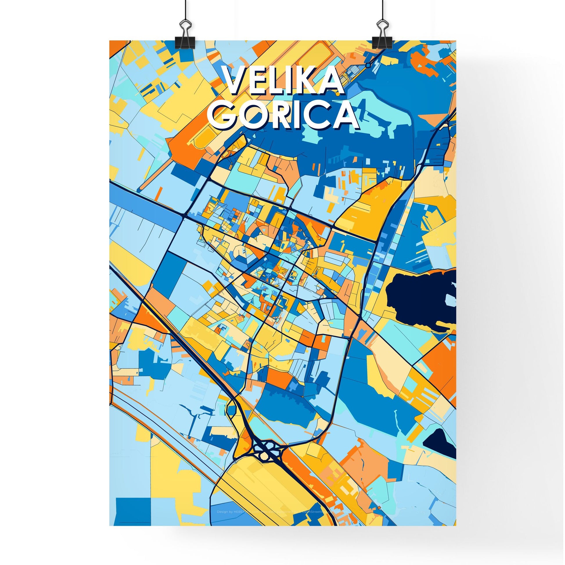 VELIKA GORICA CROATIA Vibrant Colorful Art Map Poster Blue Orange