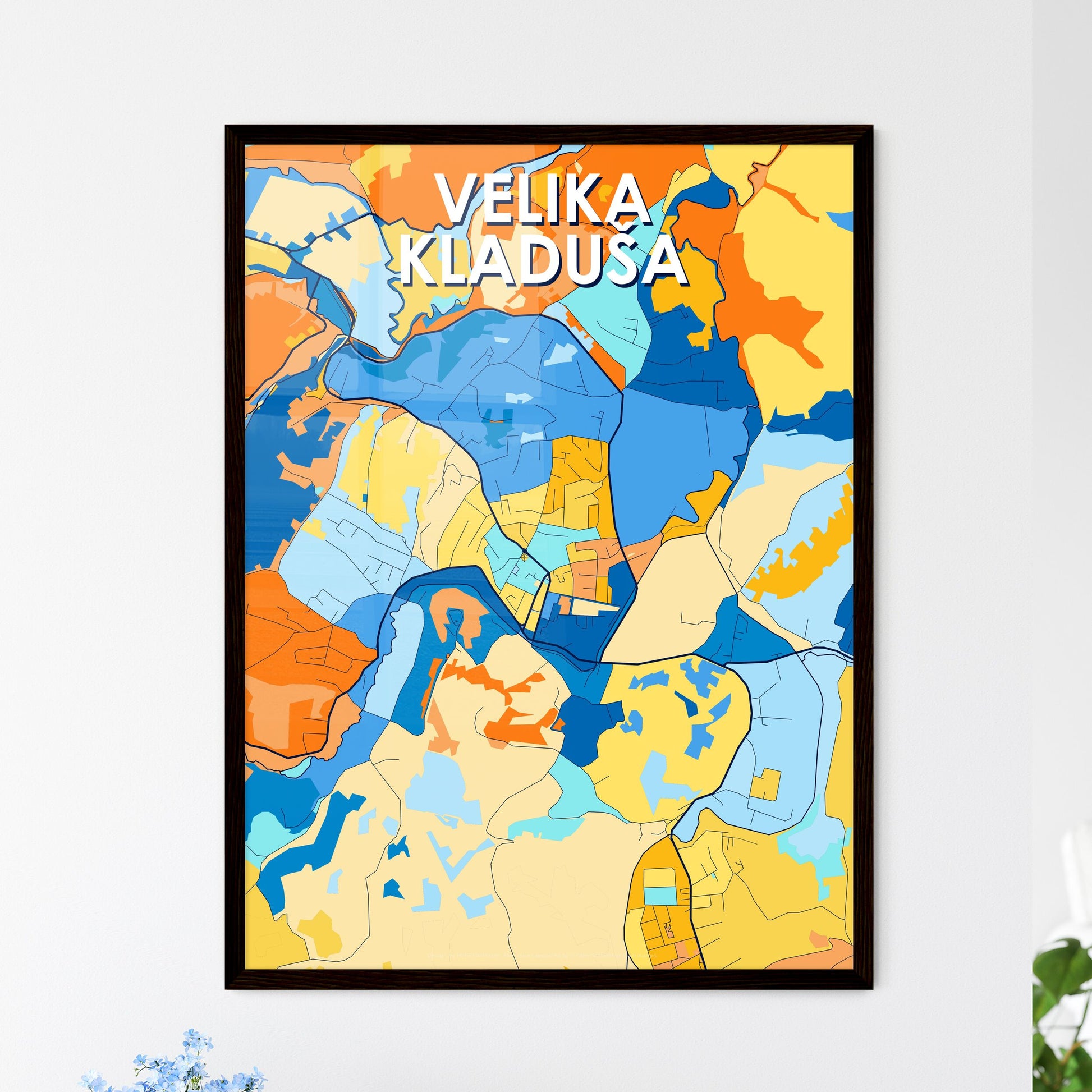 VELIKA KLADUŠA BOSNIA AND HERZEGOVINA Vibrant Colorful Art Map Poster Blue Orange