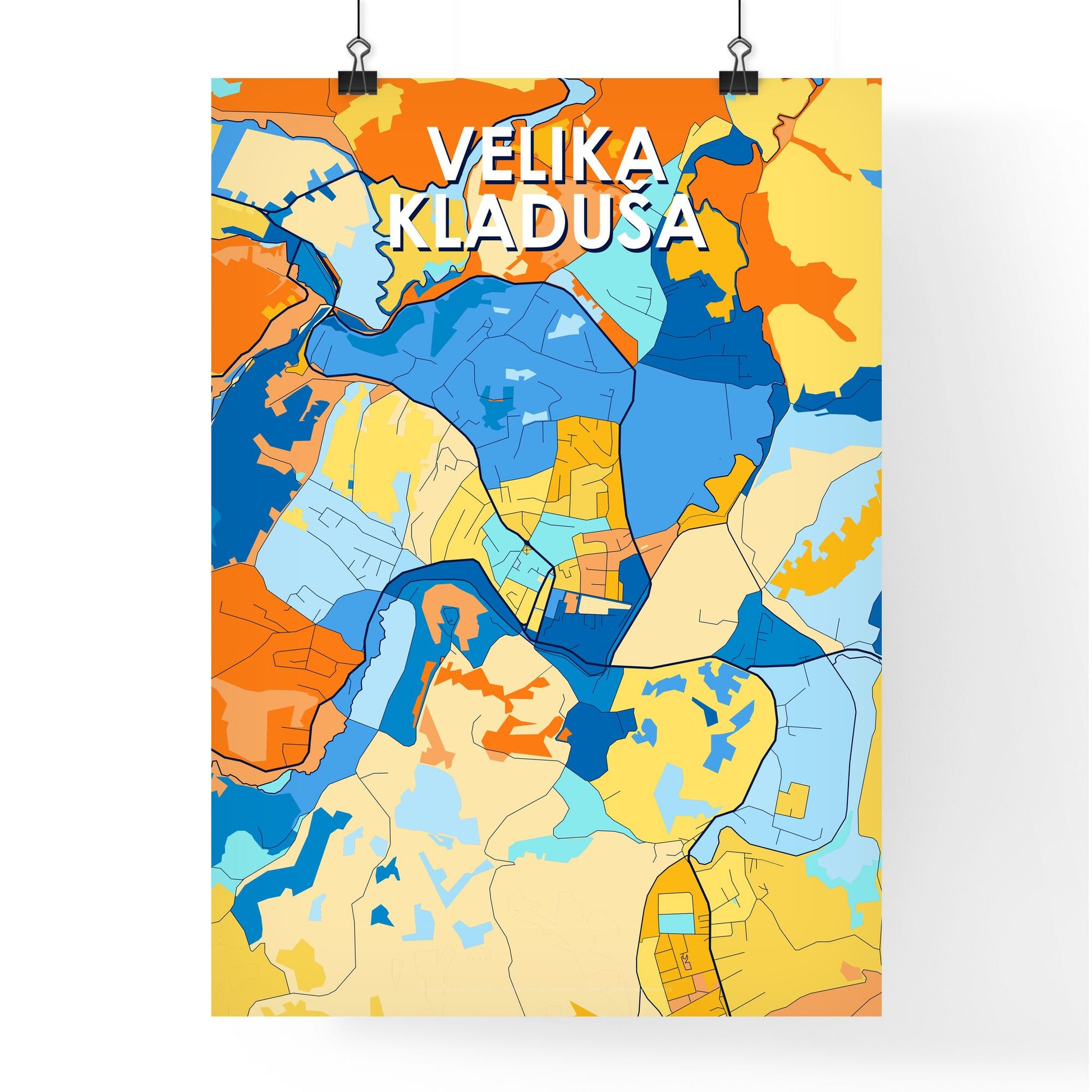 VELIKA KLADUŠA BOSNIA AND HERZEGOVINA Vibrant Colorful Art Map Poster Blue Orange