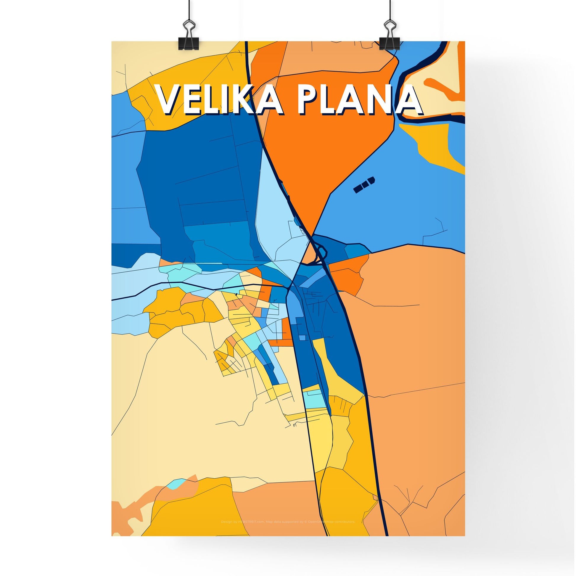 VELIKA PLANA SERBIA Vibrant Colorful Art Map Poster Blue Orange