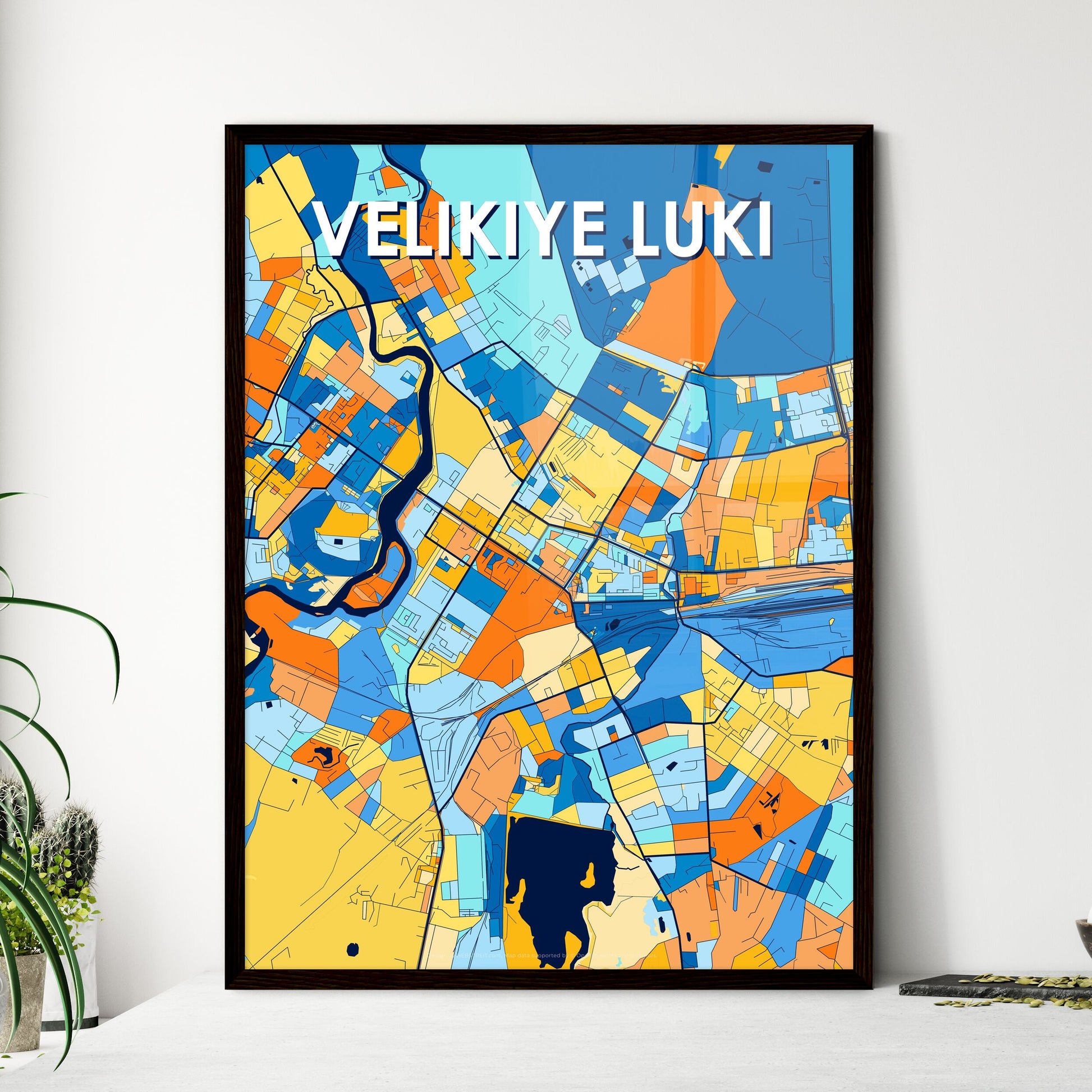 VELIKIYE LUKI RUSSIA Vibrant Colorful Art Map Poster Blue Orange