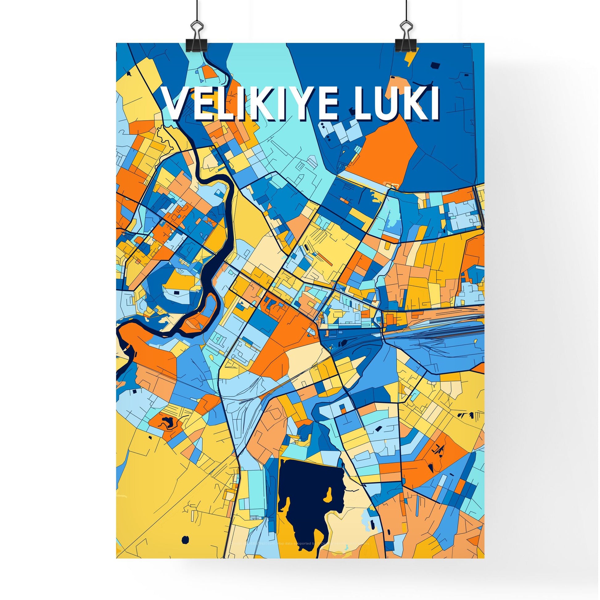 VELIKIYE LUKI RUSSIA Vibrant Colorful Art Map Poster Blue Orange