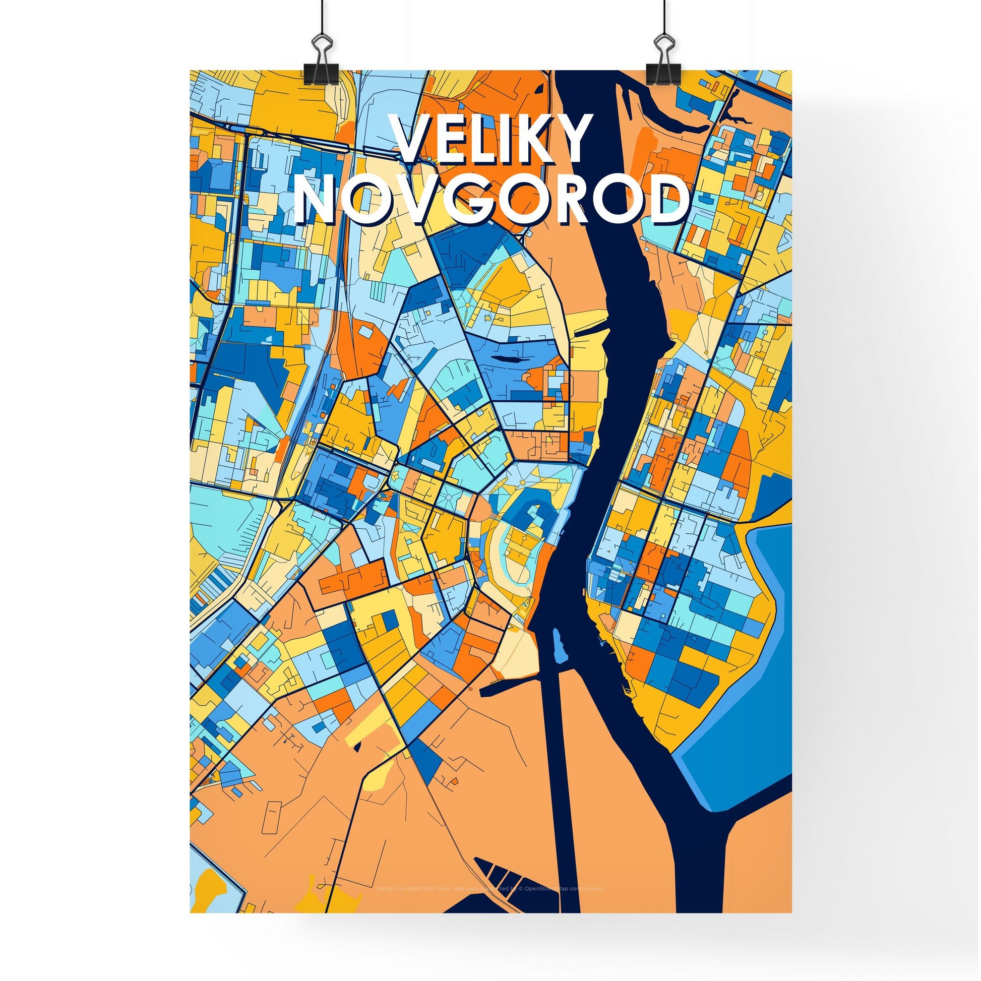 VELIKY NOVGOROD RUSSIA Vibrant Colorful Art Map Poster Blue Orange