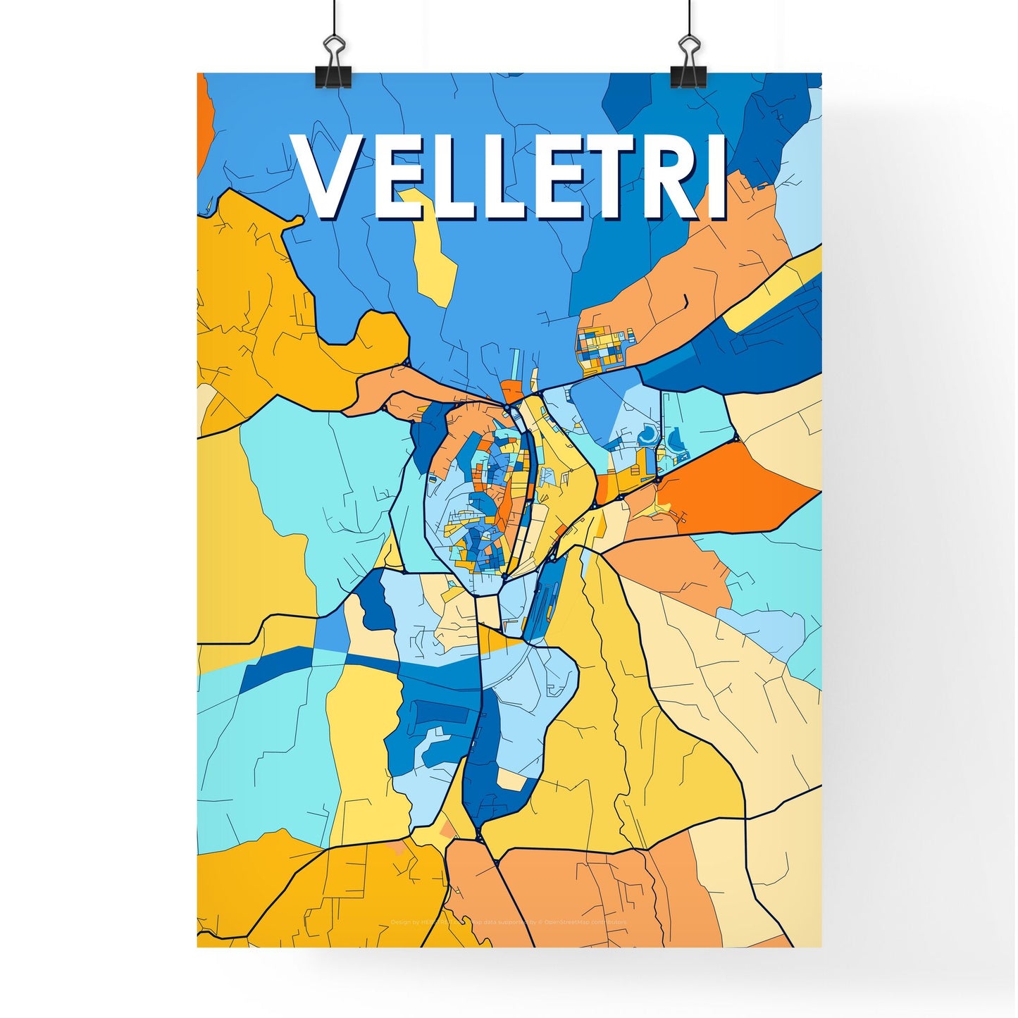 VELLETRI ITALY Vibrant Colorful Art Map Poster Blue Orange