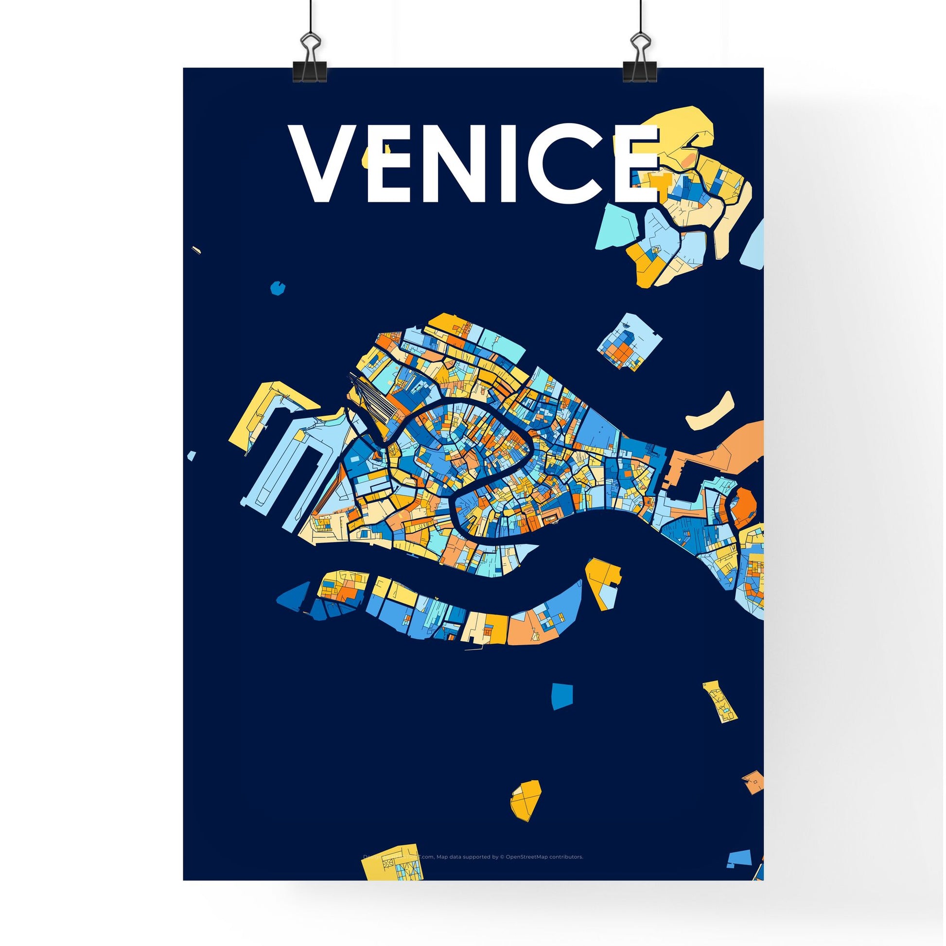 VENICE ITALY Vibrant Colorful Art Map Poster Blue Orange