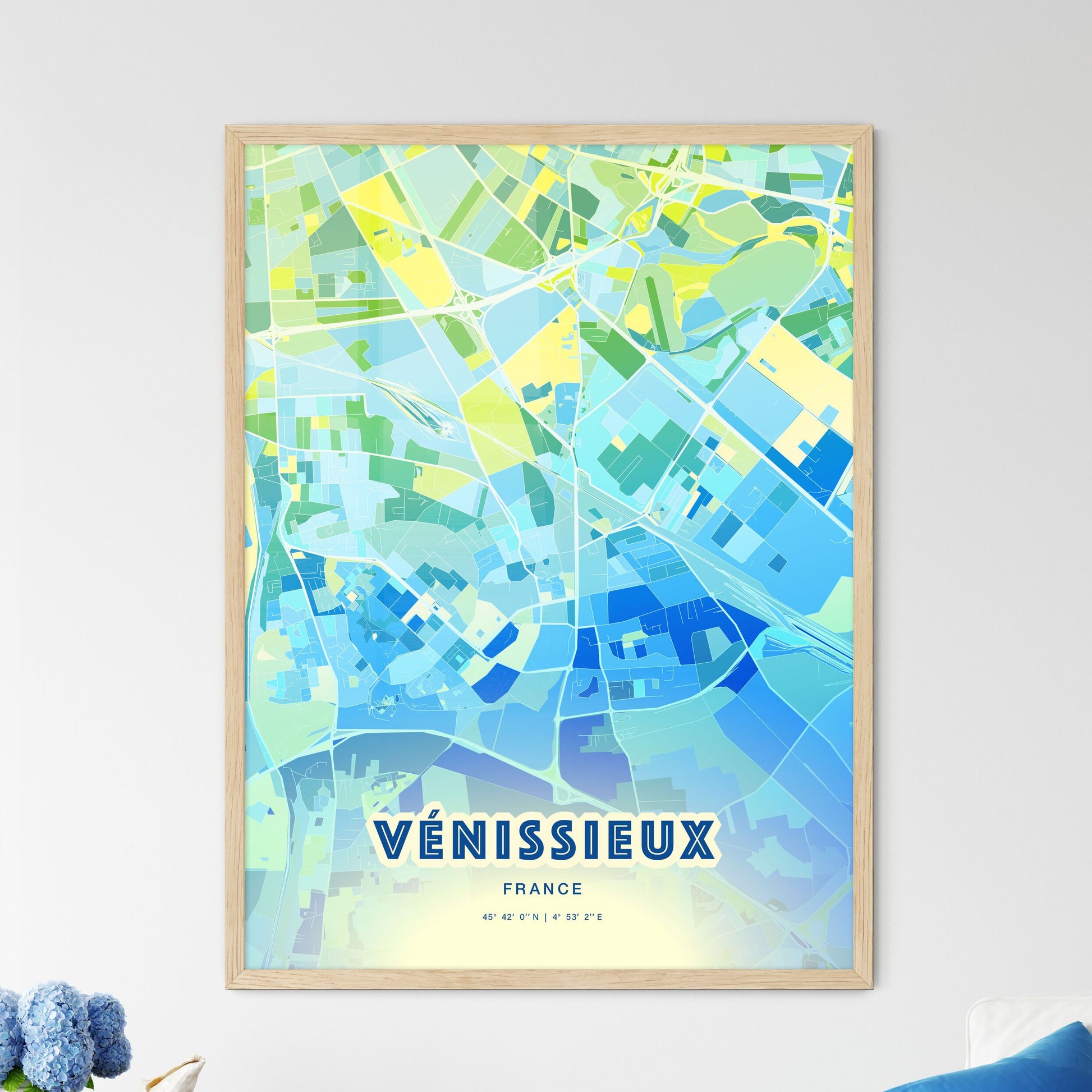 Colorful Vénissieux France Fine Art Map Cool Blue