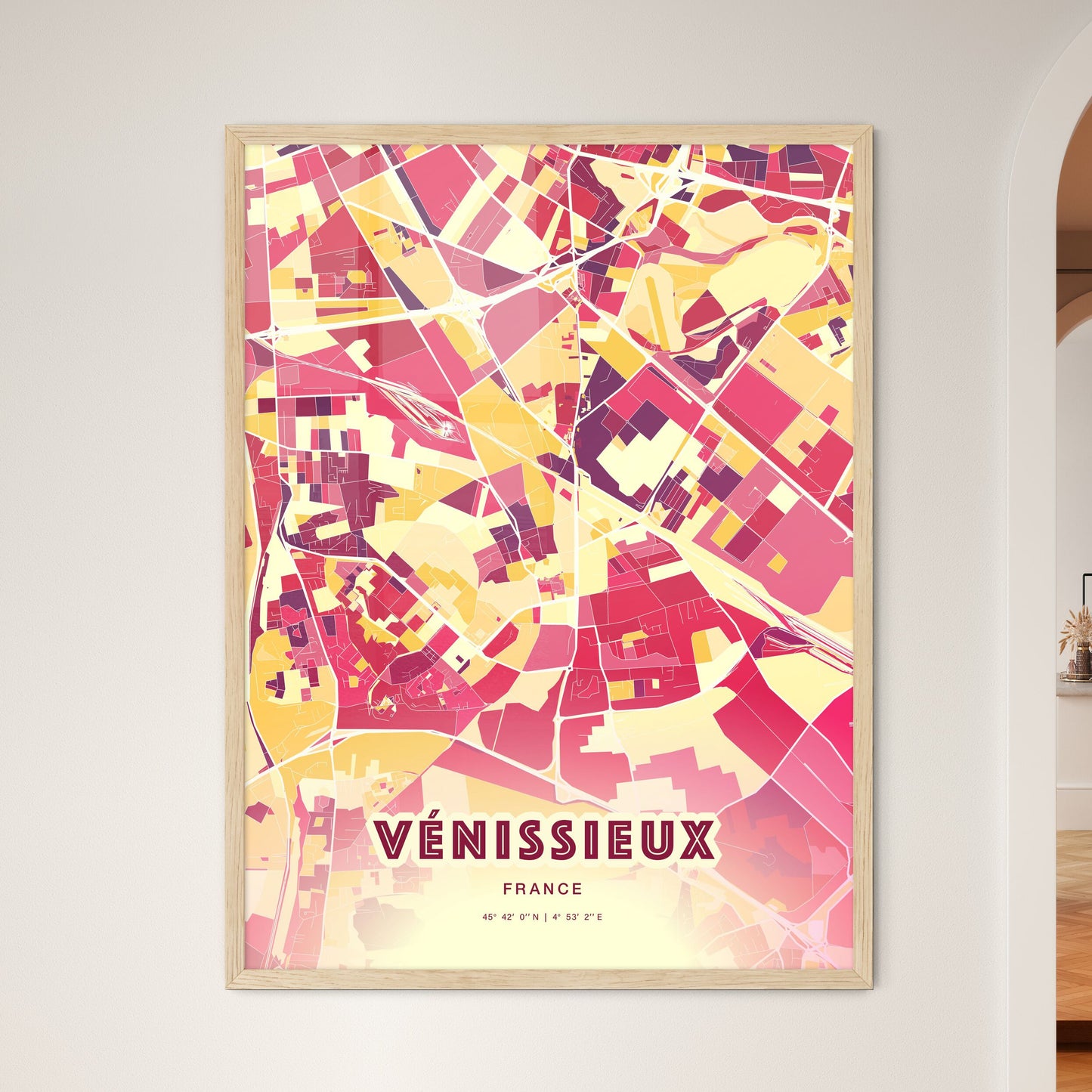 Colorful Vénissieux France Fine Art Map Hot Red