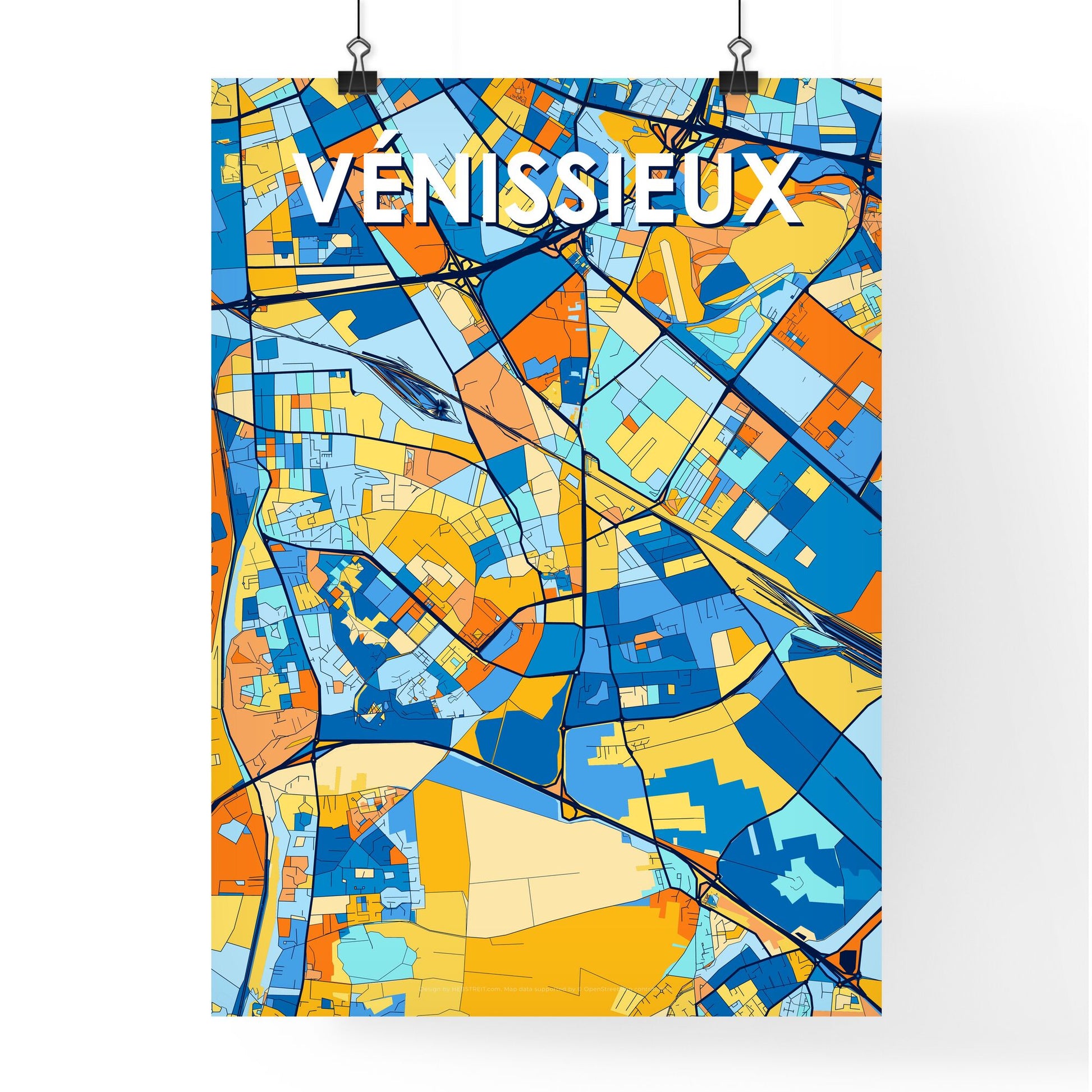 VÉNISSIEUX FRANCE Vibrant Colorful Art Map Poster Blue Orange