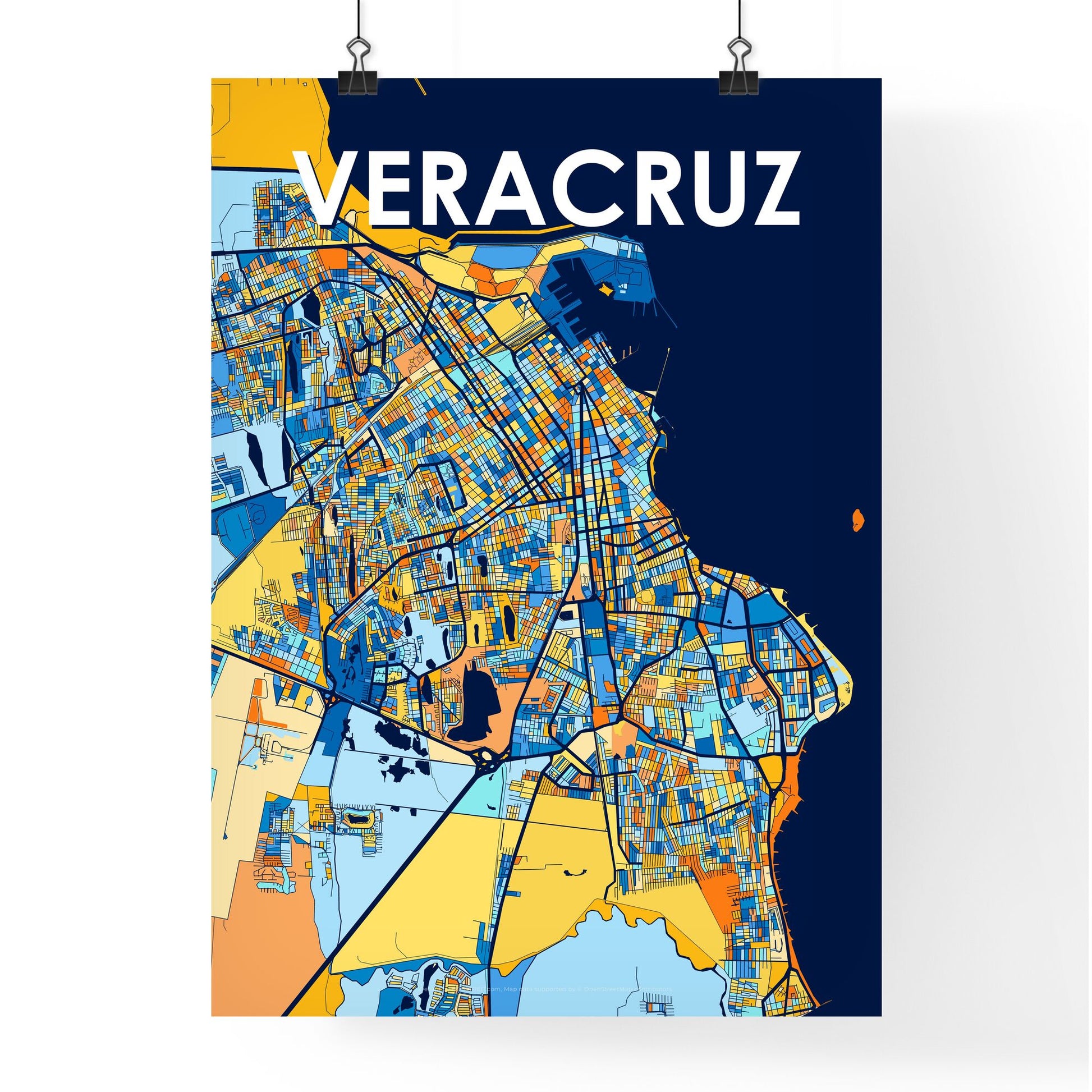 VERACRUZ MEXICO Vibrant Colorful Art Map Poster Blue Orange