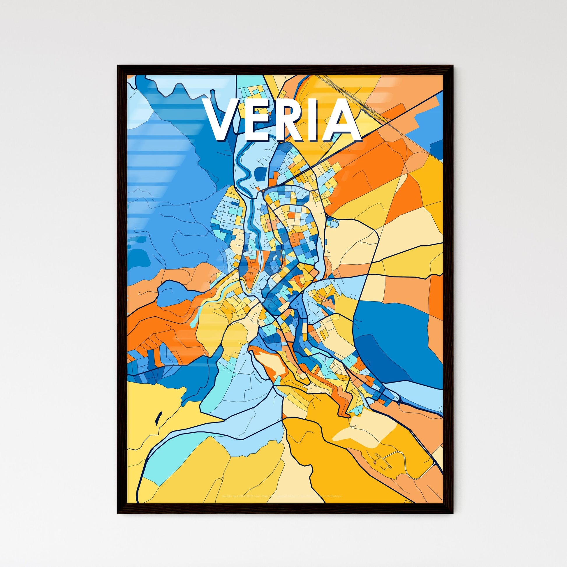 VERIA GREECE Vibrant Colorful Art Map Poster Blue Orange