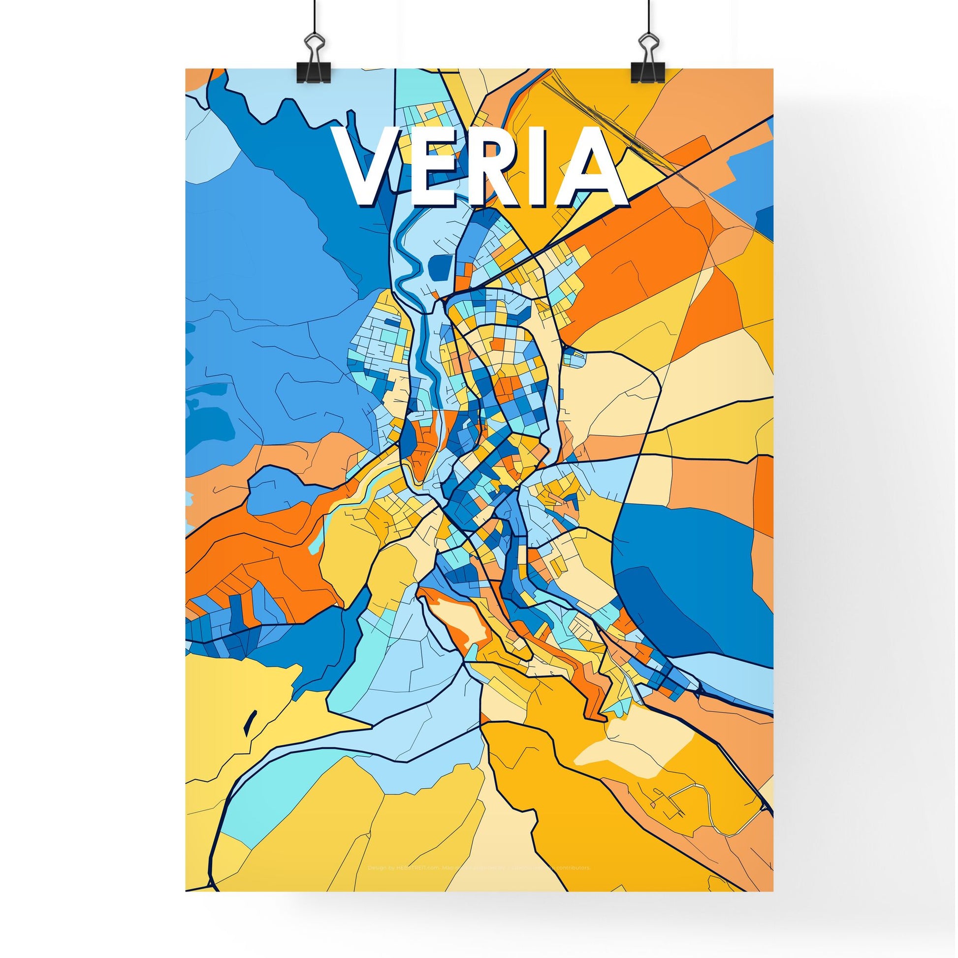 VERIA GREECE Vibrant Colorful Art Map Poster Blue Orange