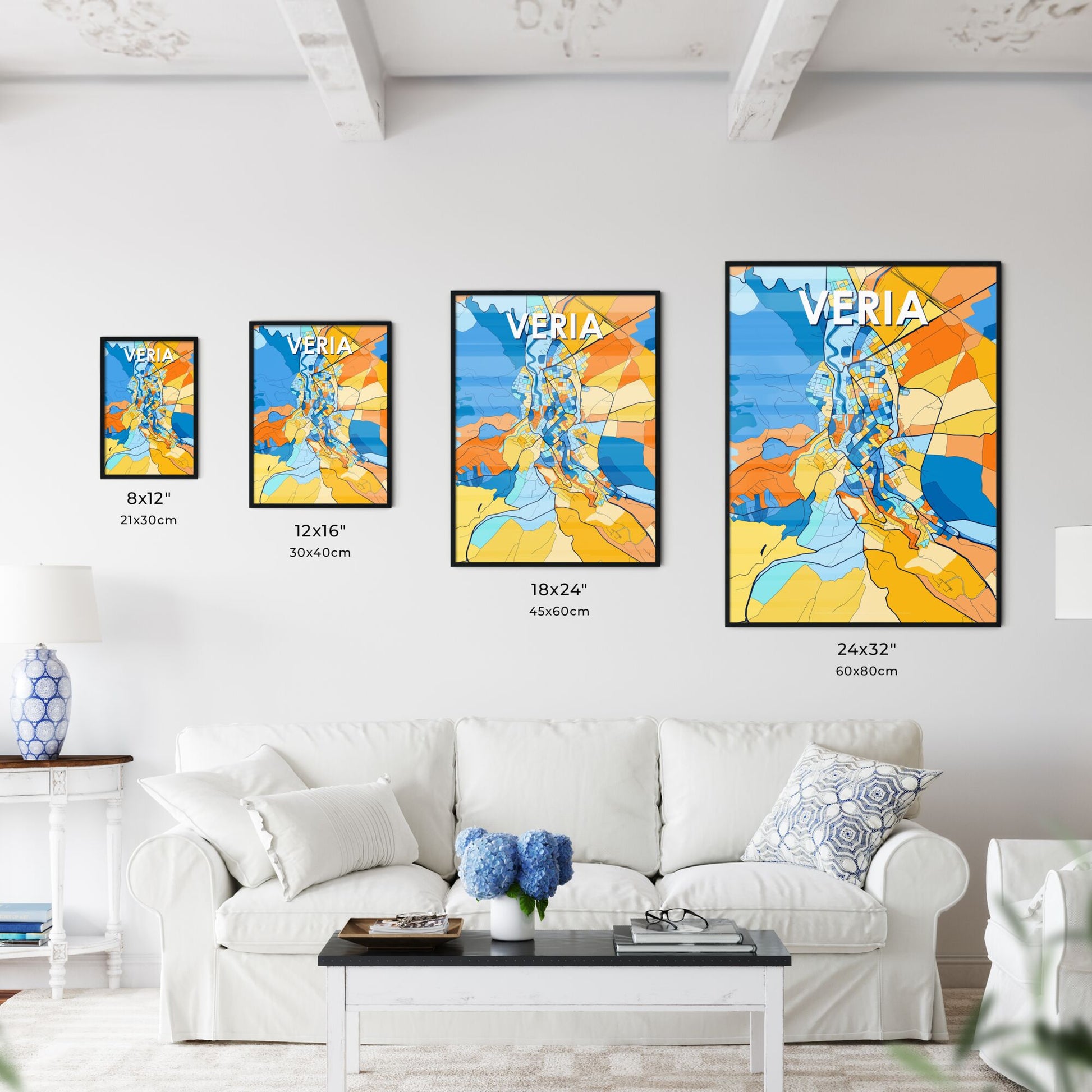 VERIA GREECE Vibrant Colorful Art Map Poster Blue Orange