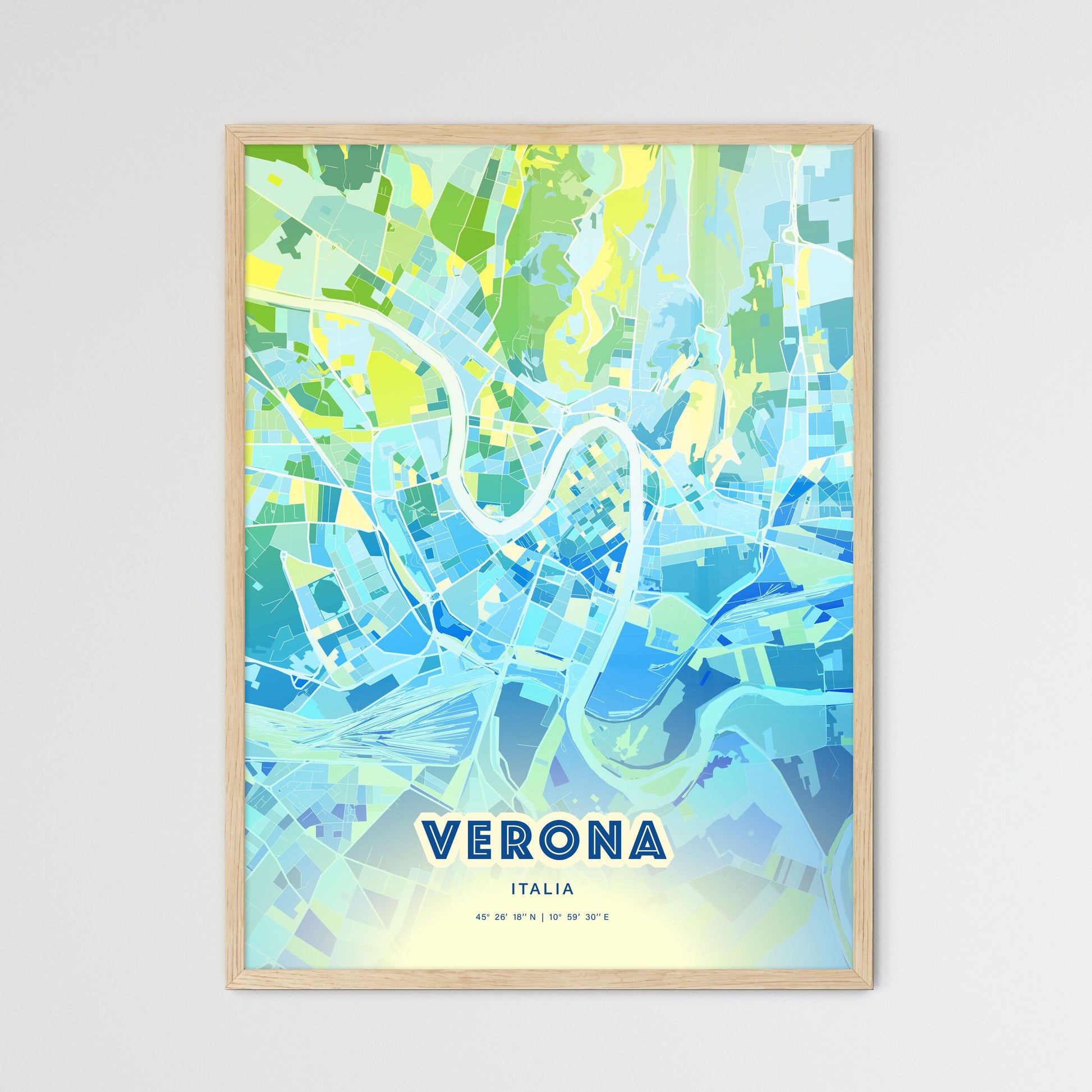 Colorful Verona Italy Fine Art Map Cool Blue