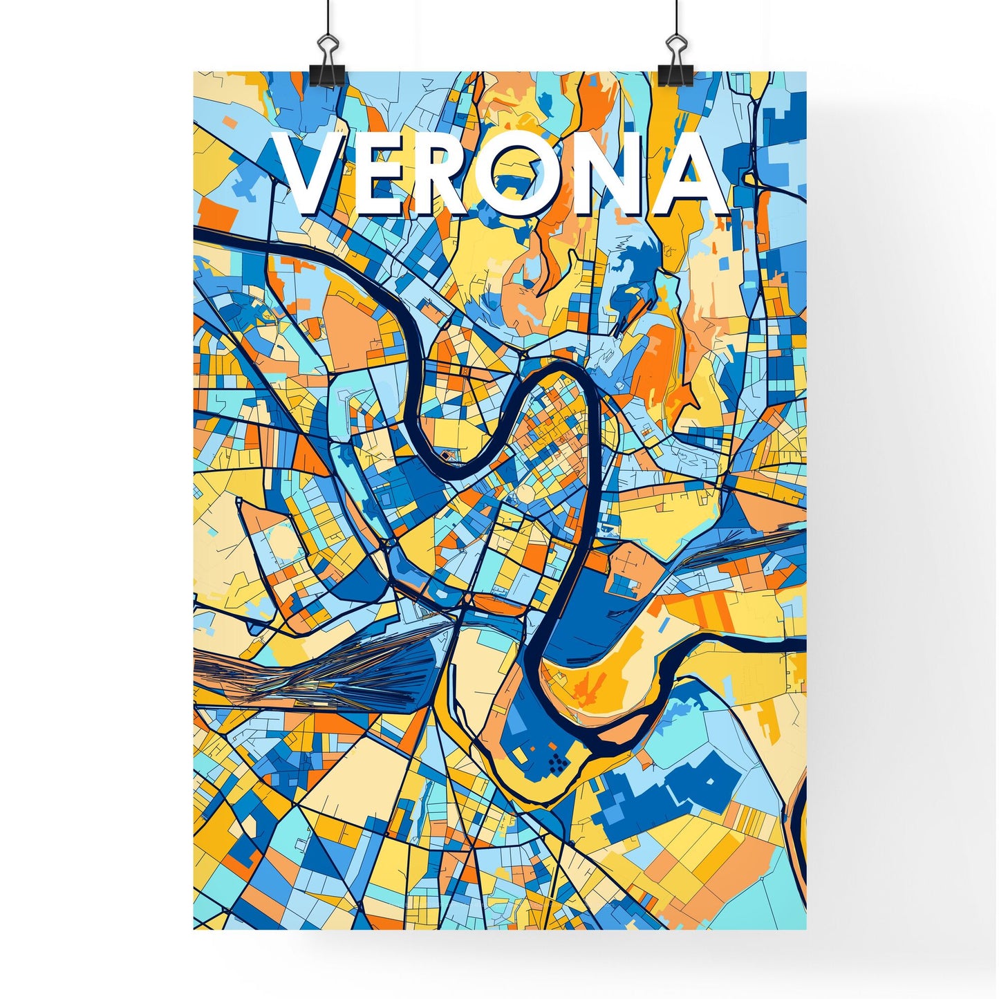 VERONA ITALY Vibrant Colorful Art Map Poster Blue Orange