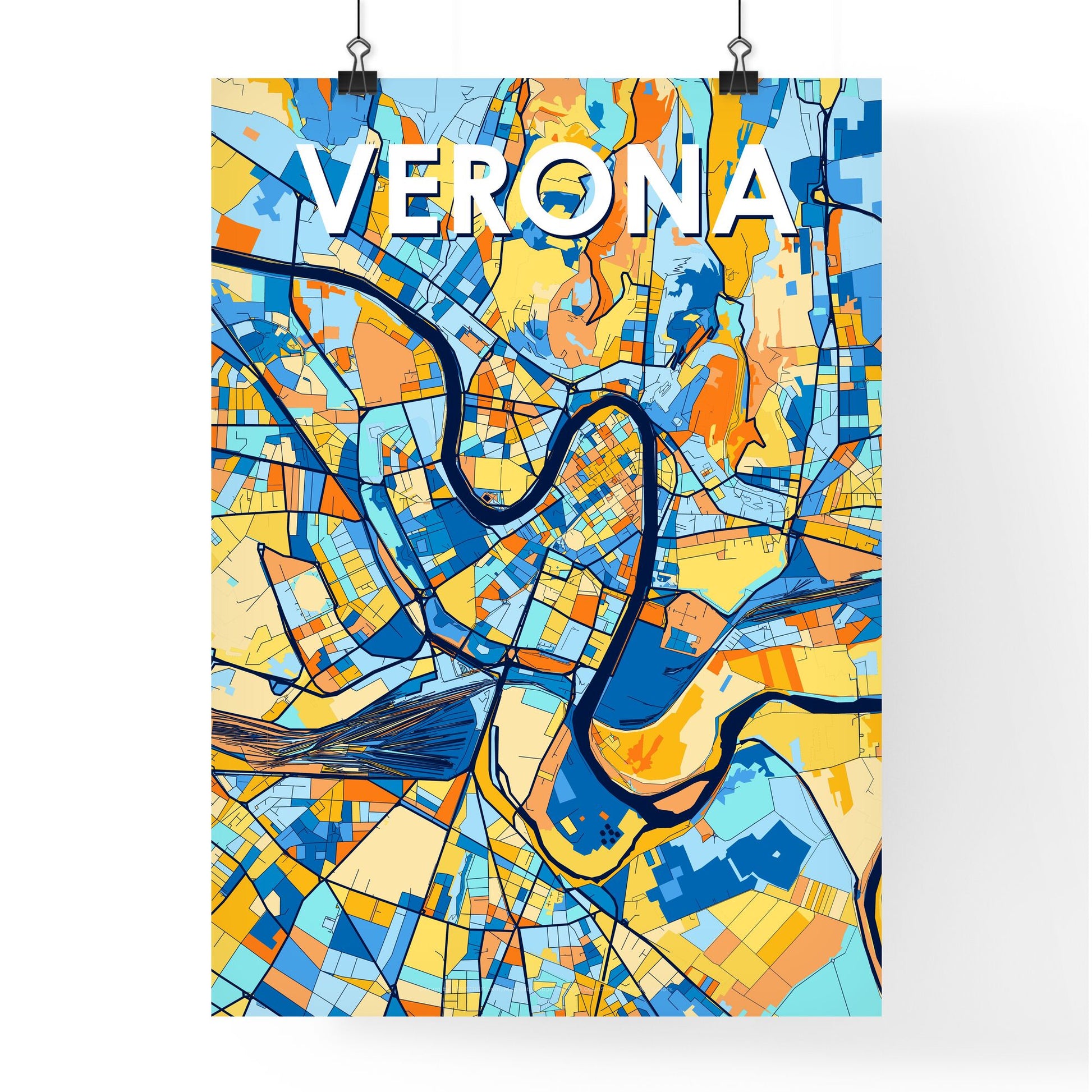 VERONA ITALY Vibrant Colorful Art Map Poster Blue Orange